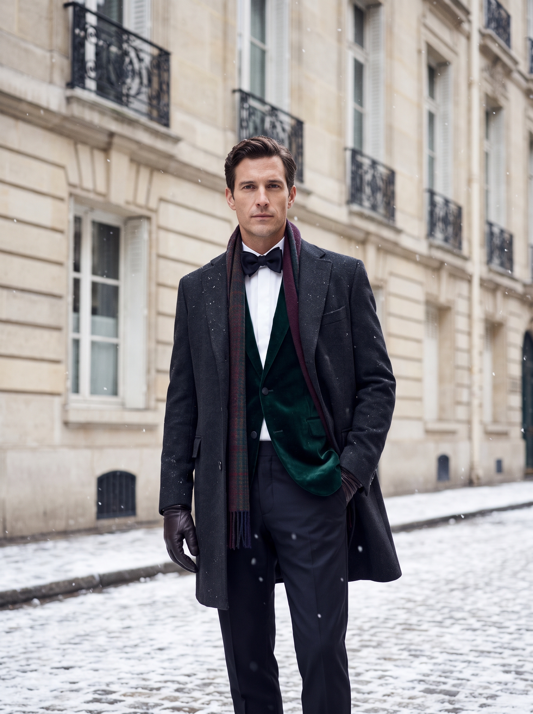 Fashion portrait of an adult model wearing Gothic / Dark Academia Formal & Black Tie outfit in Paris, France