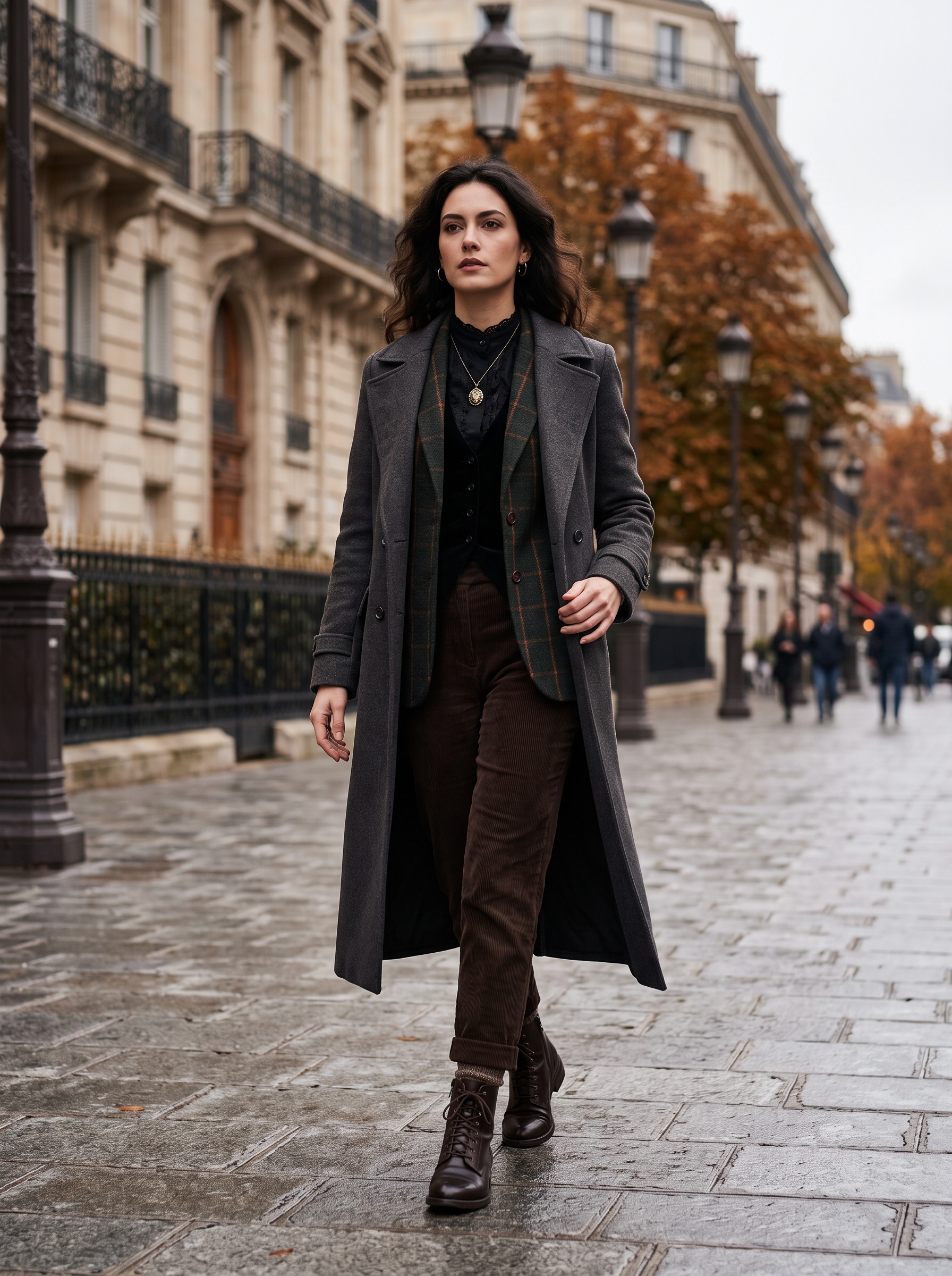 Fashion portrait of an adult model wearing Gothic / Dark Academia Formal & Black Tie outfit in Paris, France