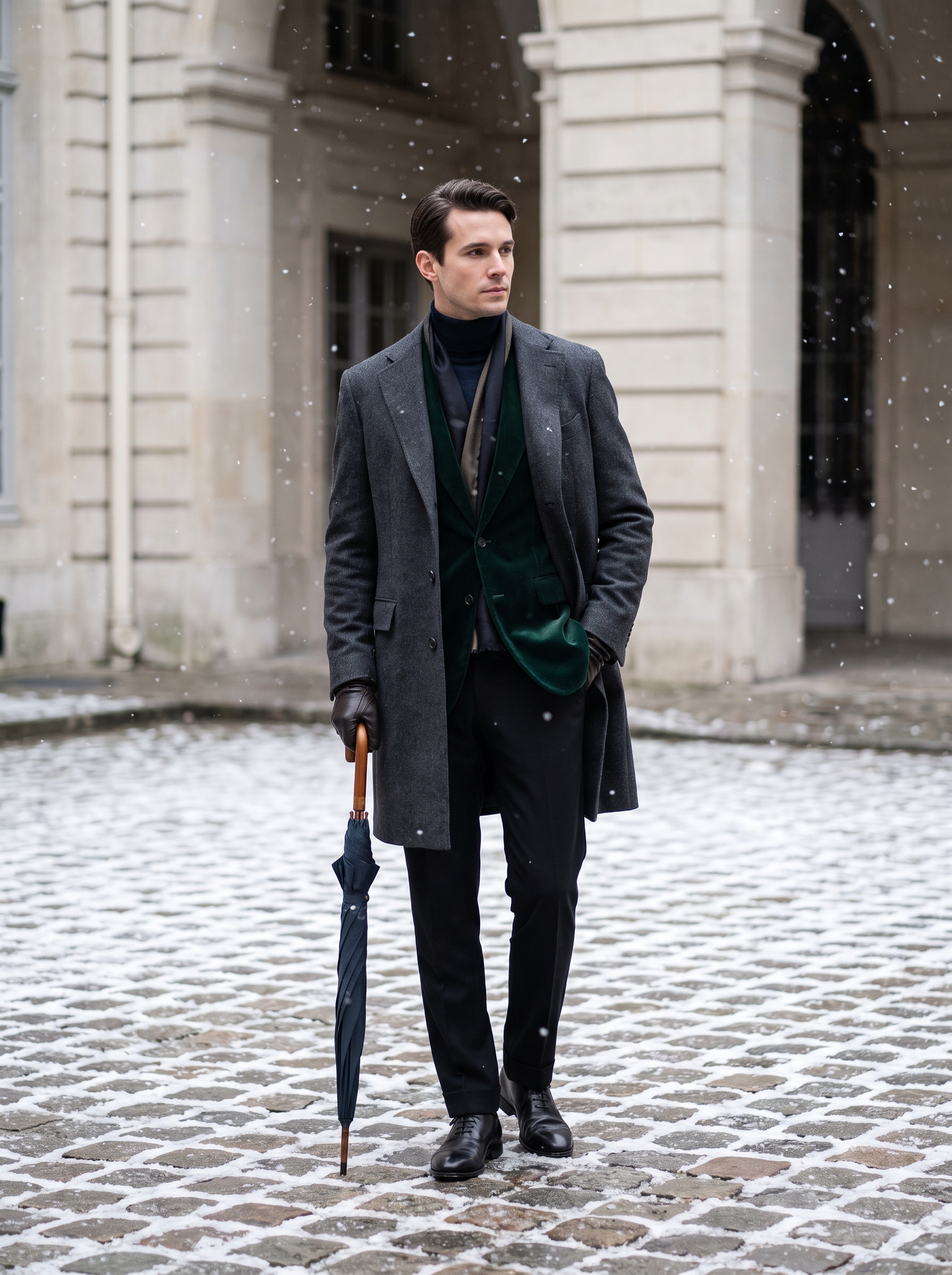Fashion portrait of an adult male model wearing Minimalist Formal & Black Tie outfit in Paris, France