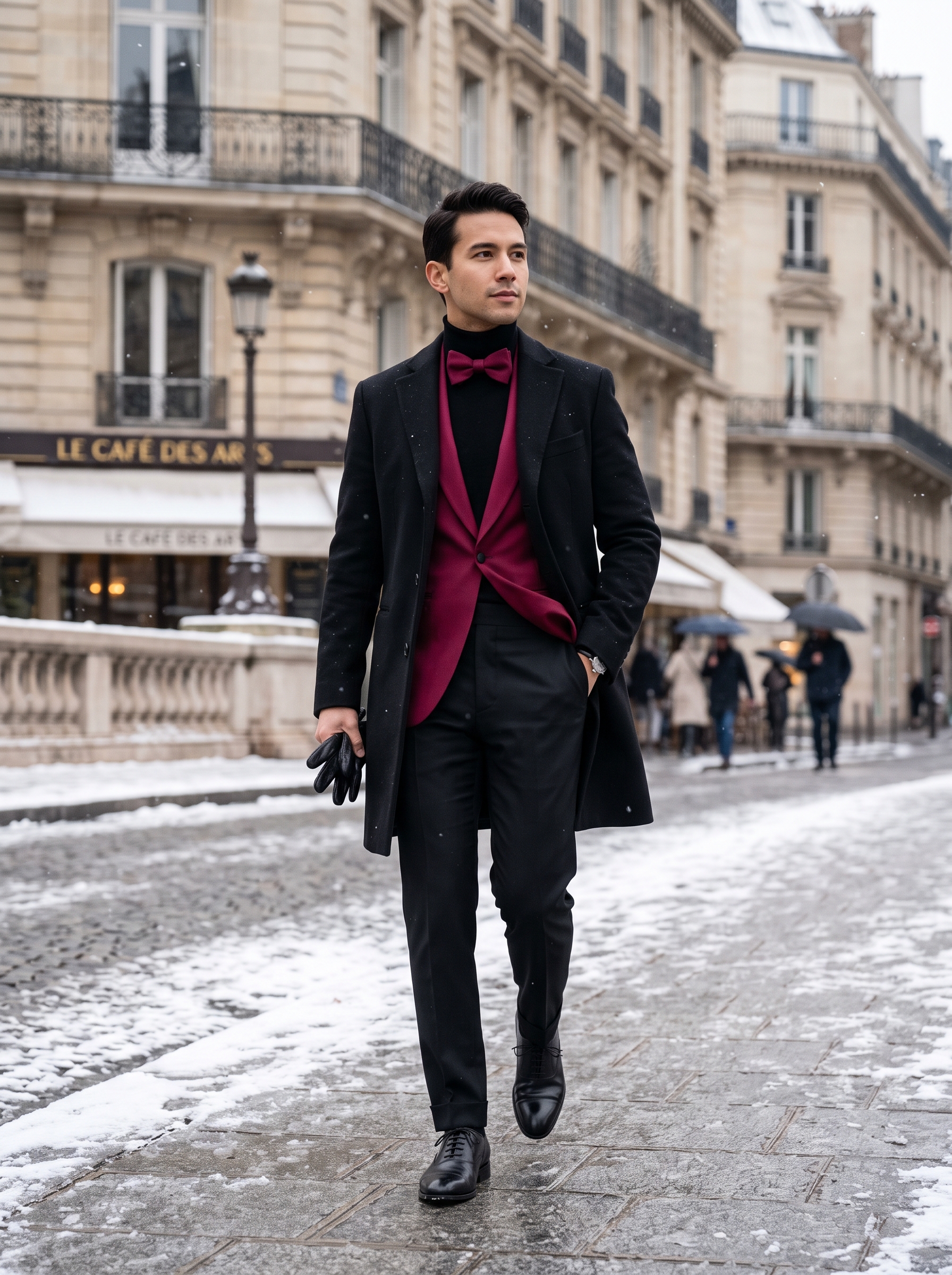 Fashion portrait of an adult male model wearing Minimalist Formal & Black Tie outfit in Paris, France