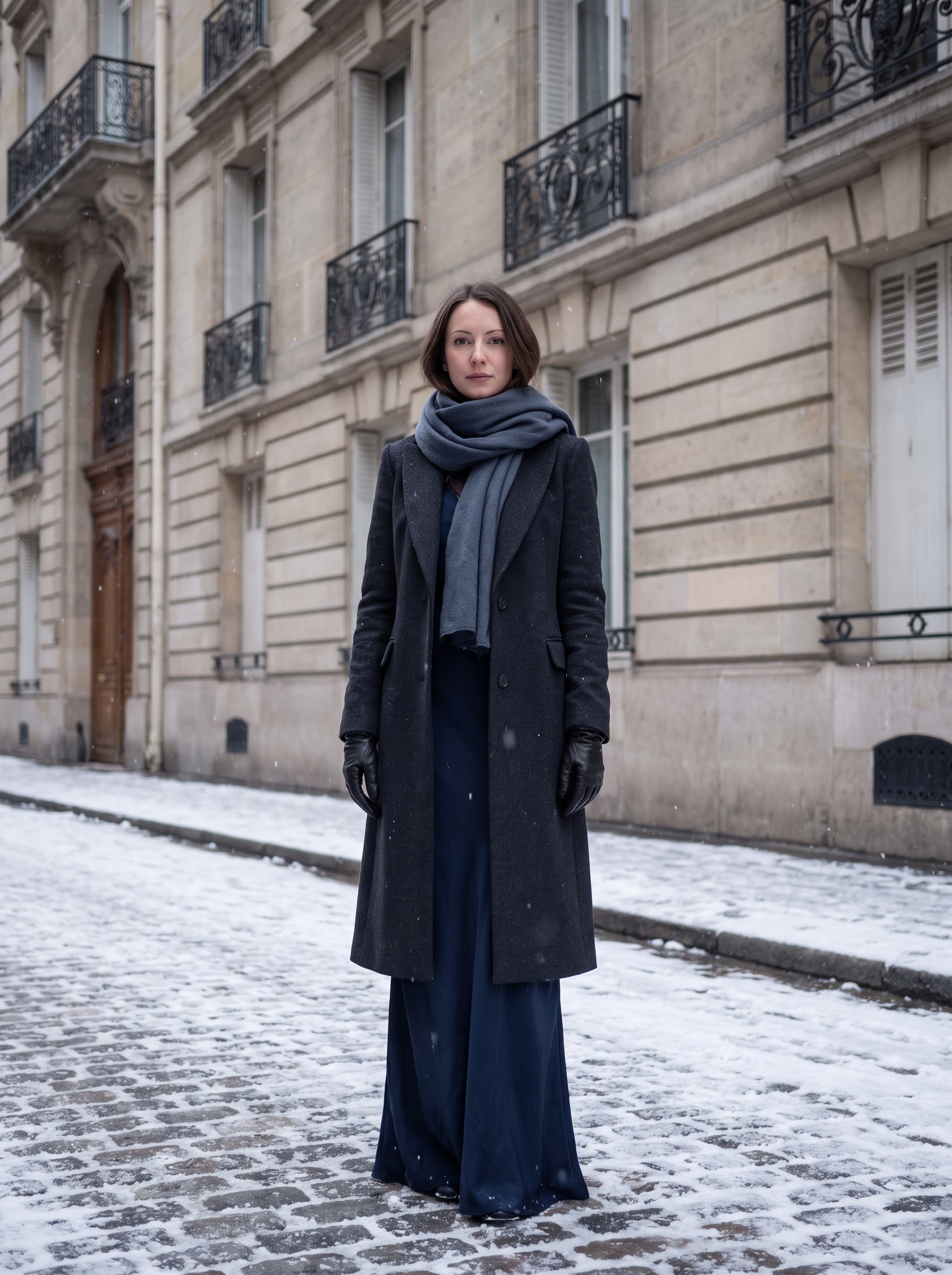 Fashion portrait of an adult female model wearing Old Money / Quiet Luxury Formal & Black Tie outfit in Paris, France