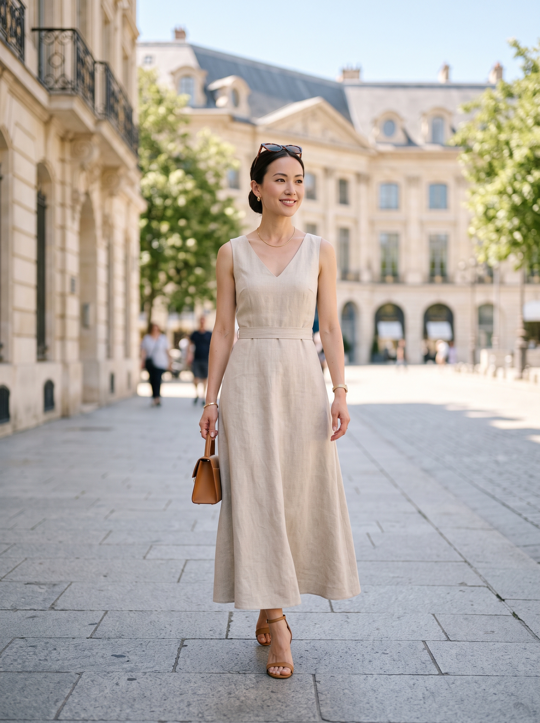 Fashion portrait of an adult female model wearing Old Money / Quiet Luxury Formal & Black Tie outfit in Paris, France