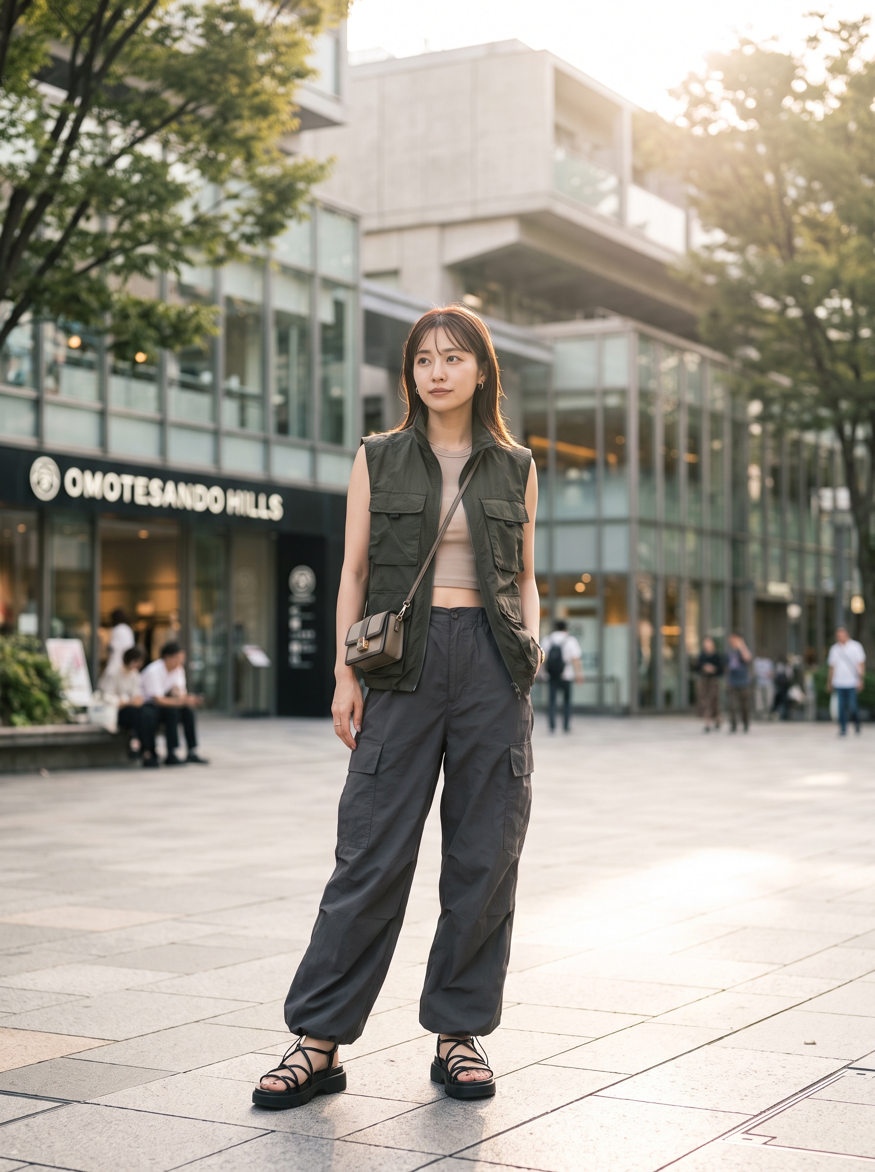 Fashion portrait of an adult model wearing Techwear Night Out & Party outfit in Tokyo, Japan