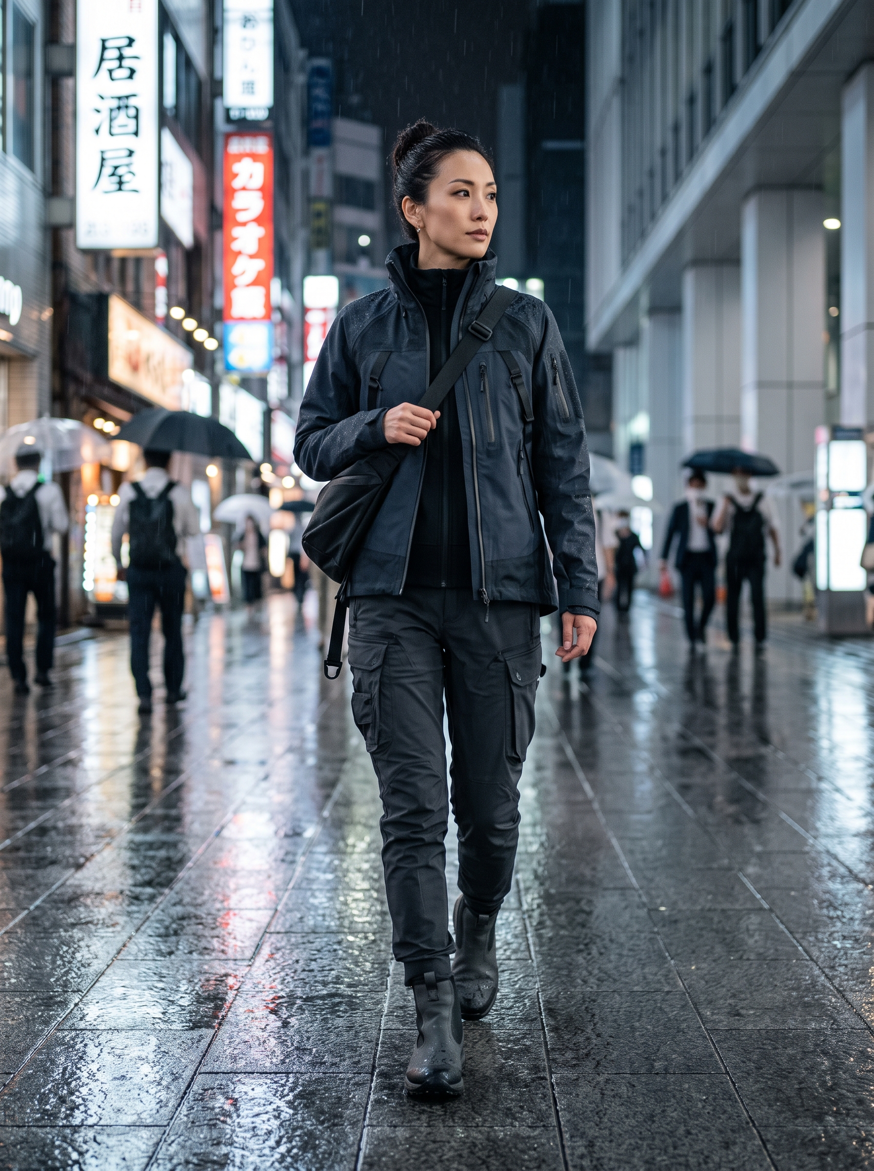 Fashion portrait of an adult model wearing Techwear Night Out & Party outfit in Tokyo, Japan