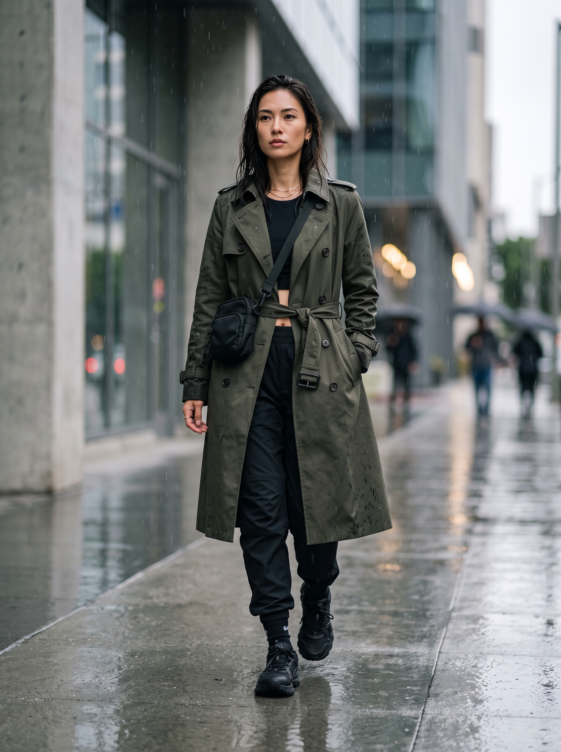 Editorial portrait of an adult model wearing Fisoew Women's Double Breasted Long Trench Coat Windproof Classic Lapel Belted Overcoat with Pockets