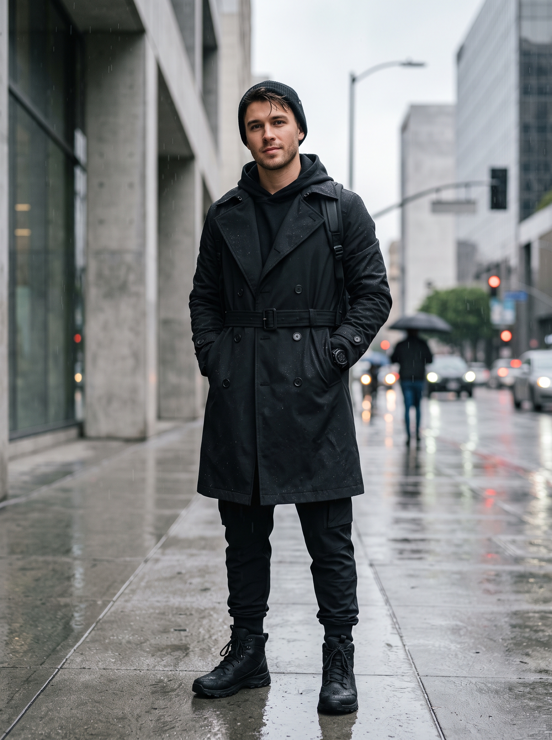 Editorial portrait of an adult model wearing Runcati Men Pea Coat Double Breasted Notch Lapel Long Trench Coat With Belt