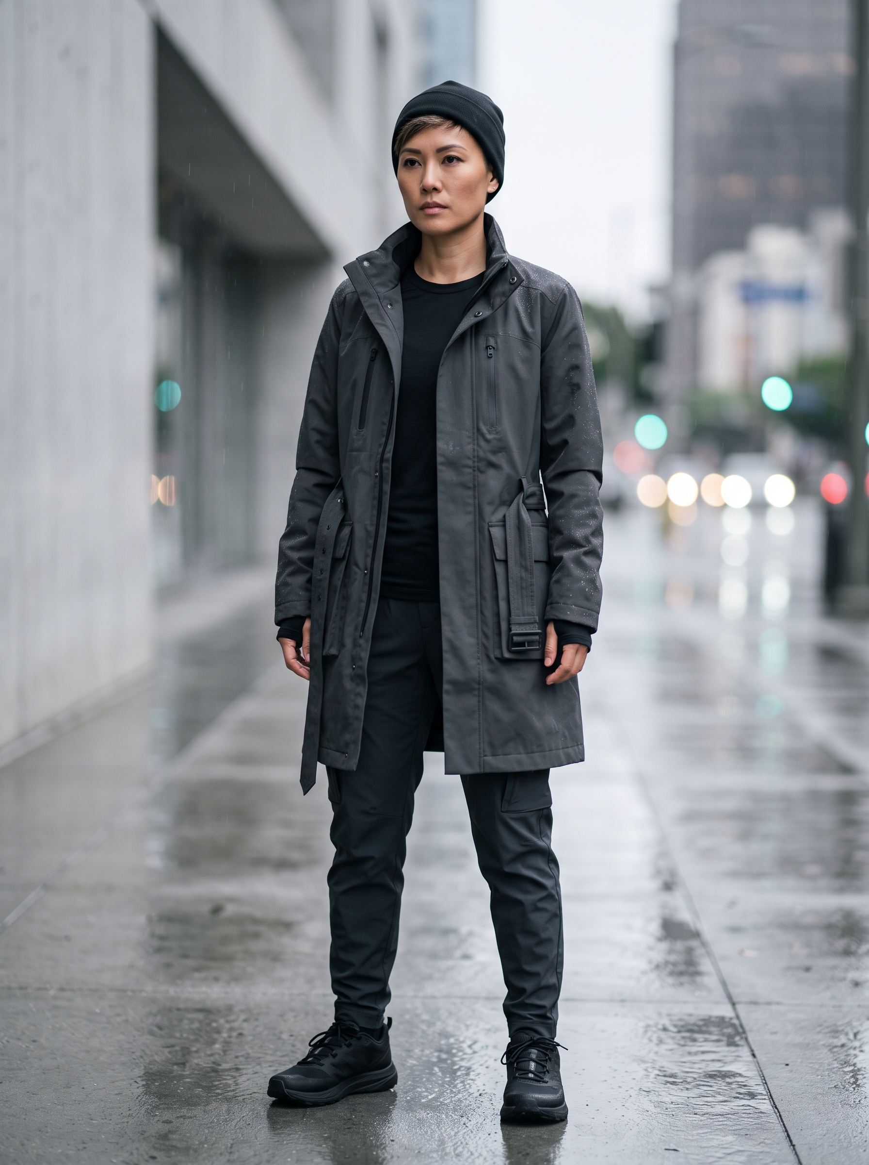 Editorial portrait of an adult model wearing Gafeng Men's Trench Coat Belted Windbreaker Long Jacket Windproof Overcoat