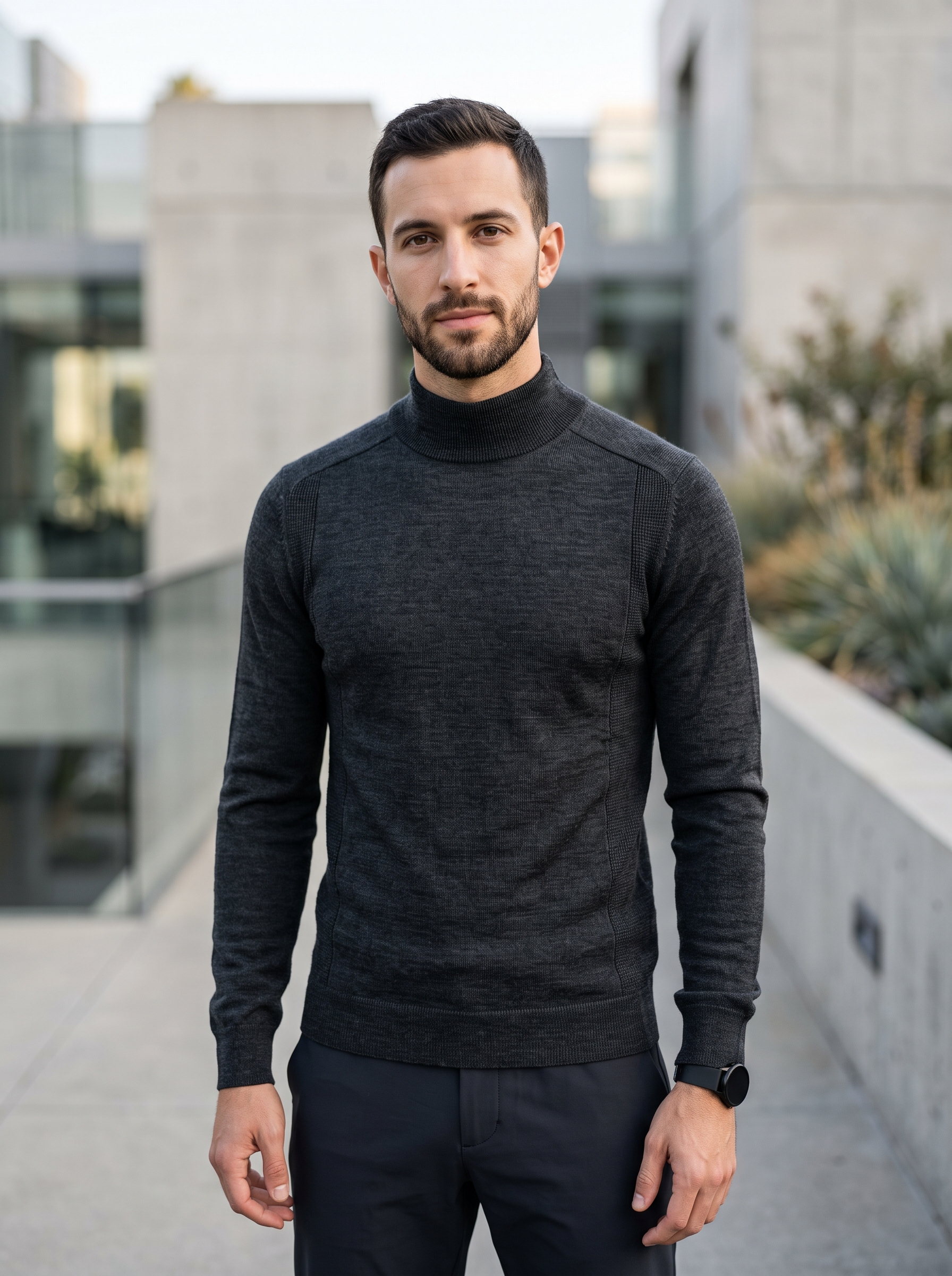 Editorial portrait of an adult model wearing Chanyarn Men's 100% Merino Wool Sweater 2026 Fall Winter First-Line Ready to Wear Mock Neck Long Sleeve Seamless Knit Sweater