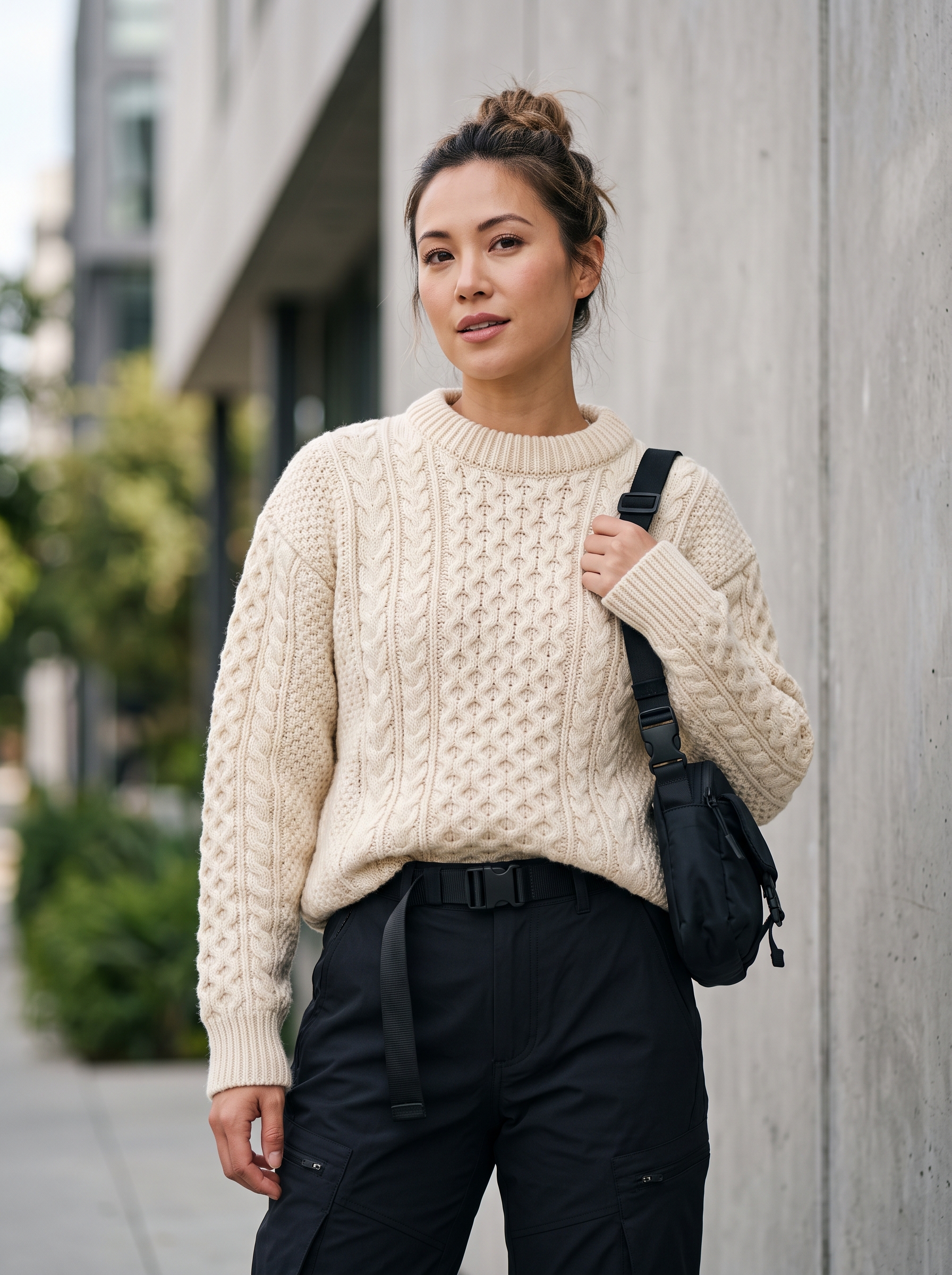 Editorial portrait of an adult model wearing Aran Crafts Irish Unisex Cable Knit Crew Neck Wool Sweater (C1347)