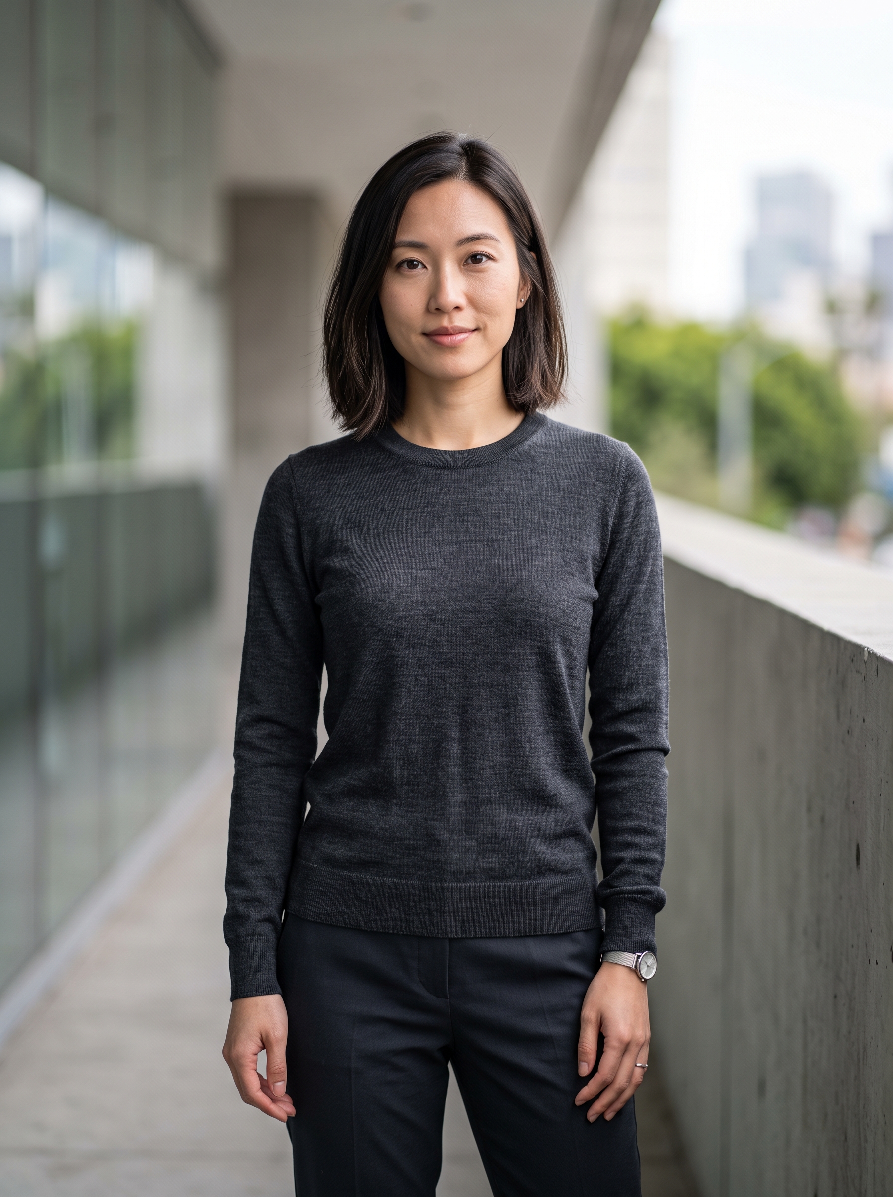 Editorial portrait of an adult model wearing Women's 100% Merino Wool Sweaters Long Sleeve Crewneck Fall Sweater