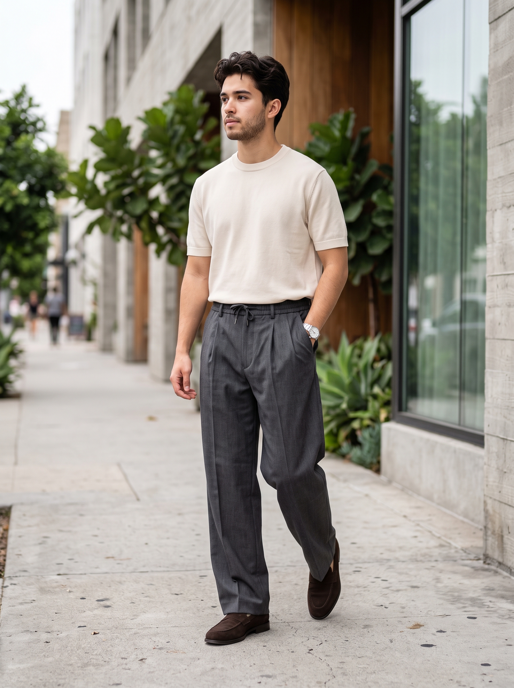 Editorial portrait of an adult model wearing Uni Clau Men's Pleated Dress Pants Baggy Wide Leg Trousers Elastic Waist