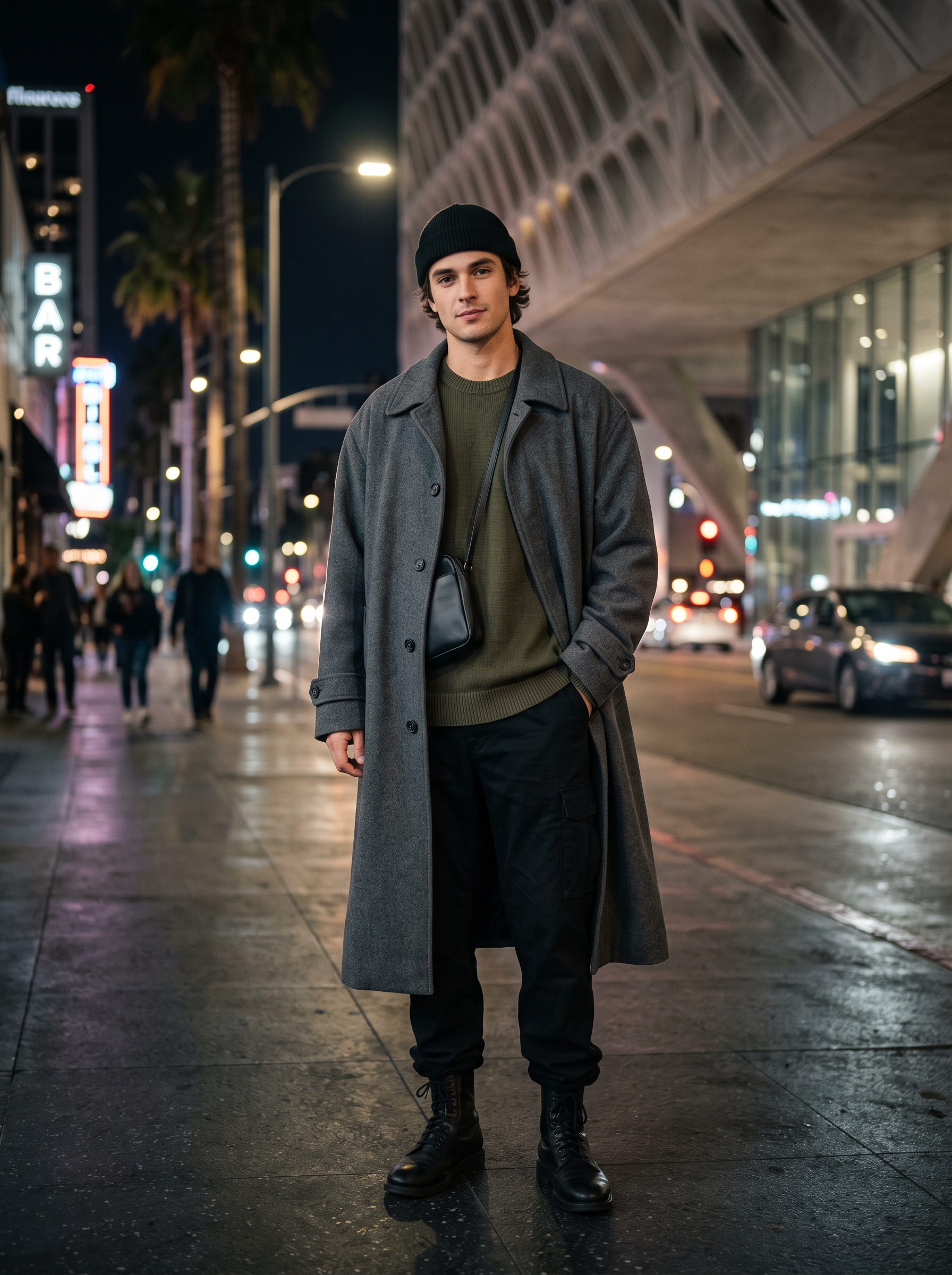 Editorial portrait of an adult male model wearing Runcati Mens Long Trench Coat Single Breasted Lapel Overcoat Winter Peacoat