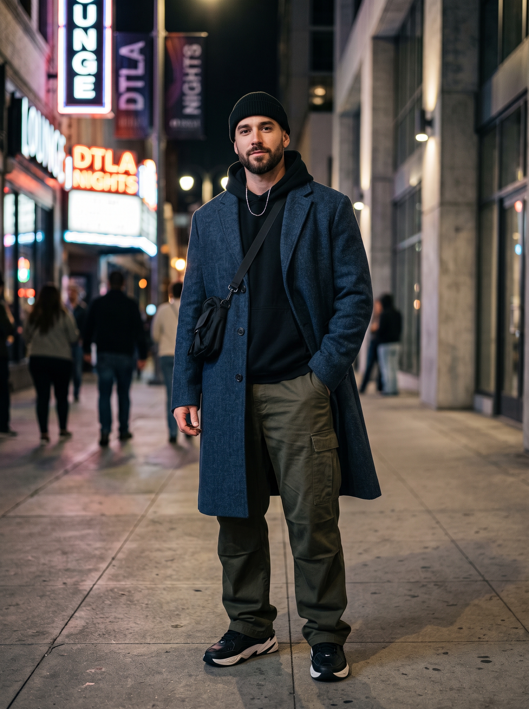 Editorial portrait of an adult male model wearing Springrain Men's Wool Blend Pea Coat Single Breasted Overcoat