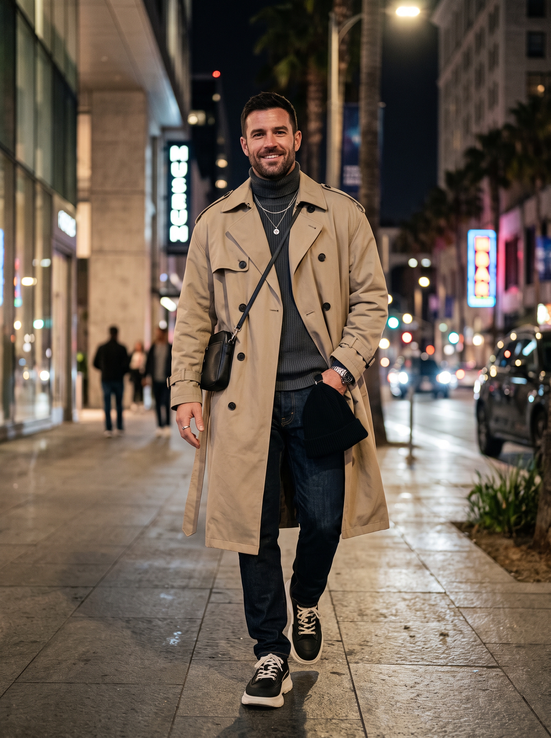 Editorial portrait of an adult male model wearing PASLTER Mens Trench Coat Double Breasted Windbreaker Overcoat