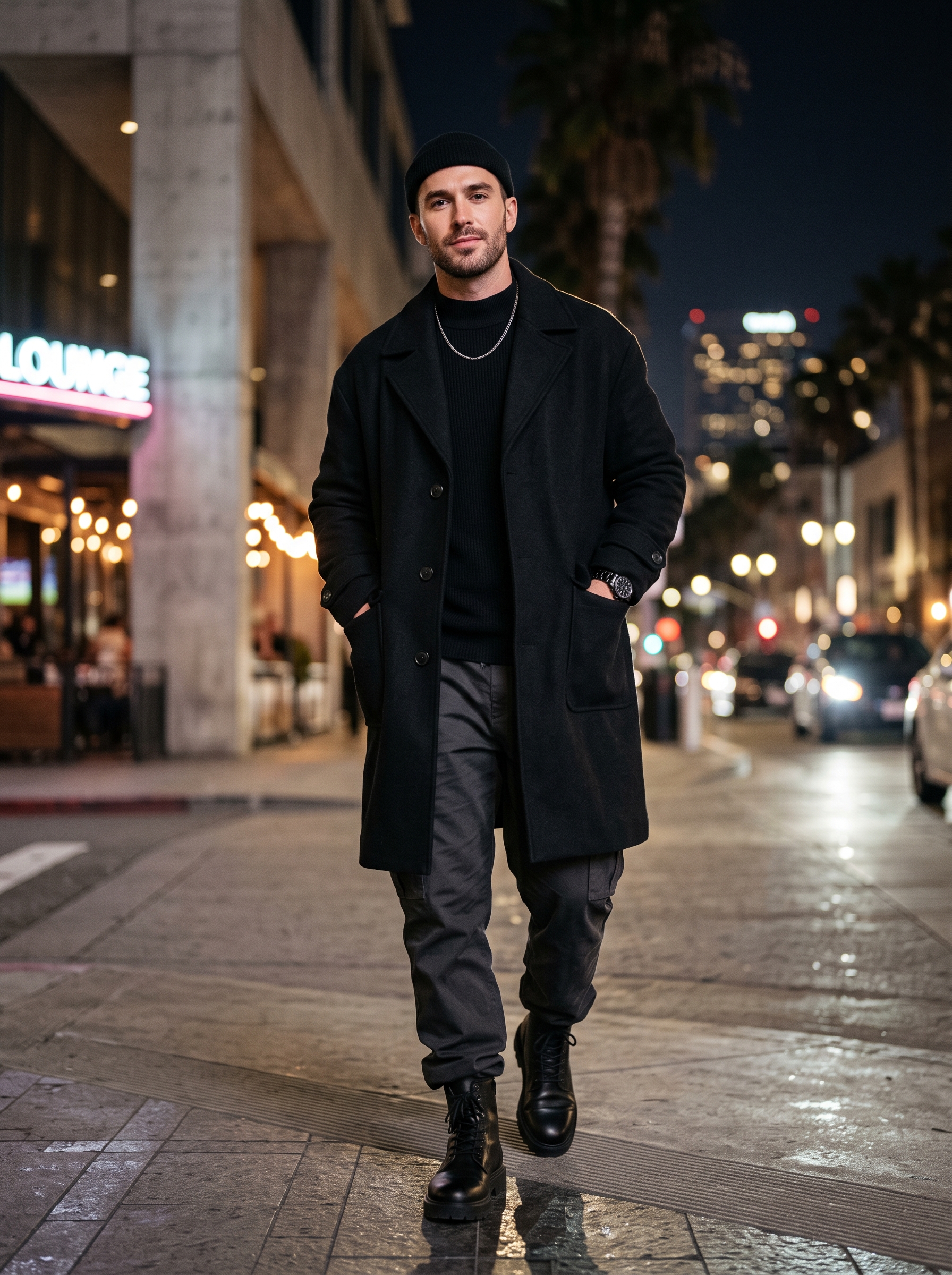 Editorial portrait of an adult male model wearing Springrain Men's Wool Blend Pea Coat Single Breasted Overcoat