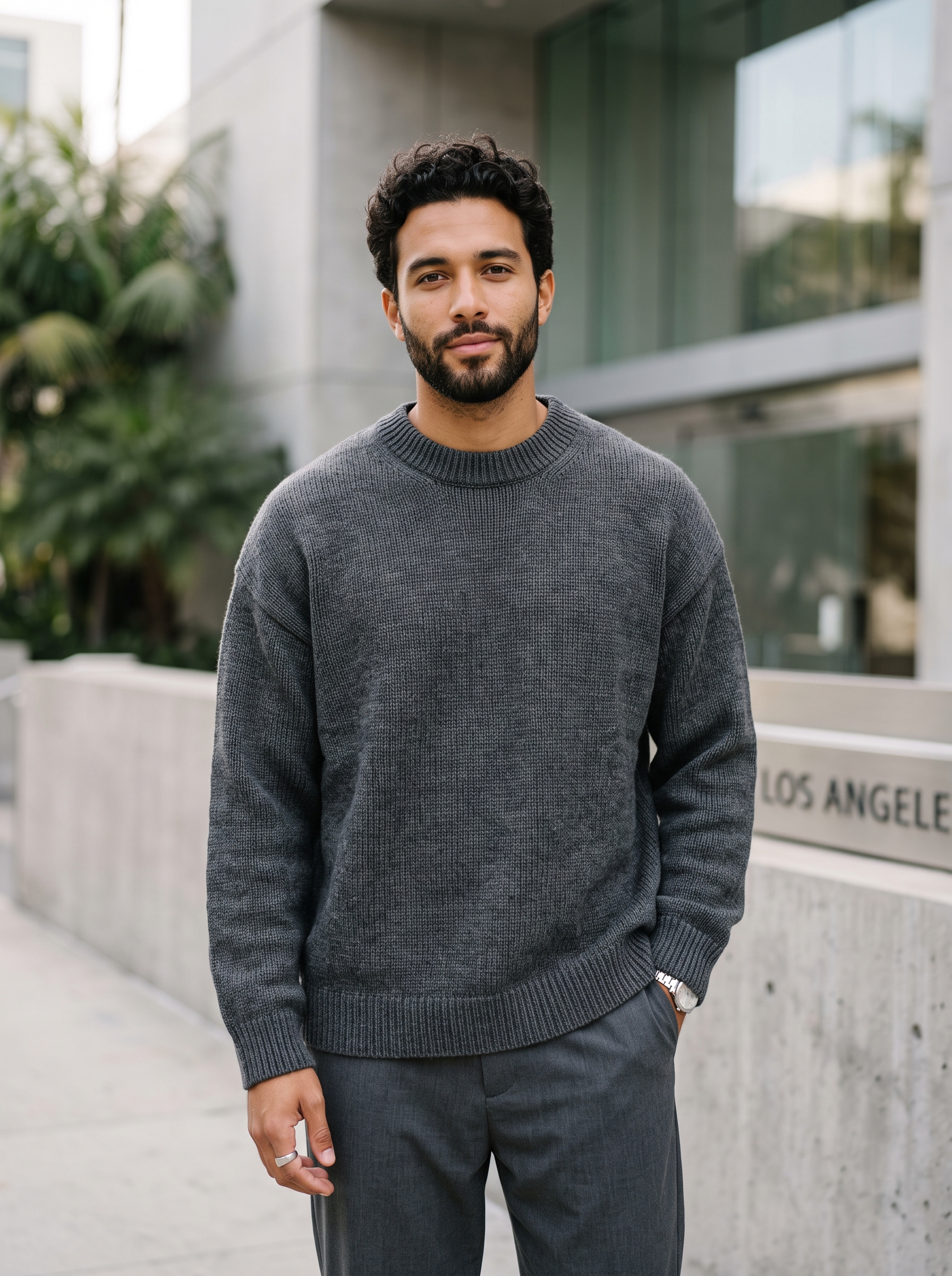 Editorial portrait of an adult male model wearing Chanyarn Men's 100% Merino Wool Sweater 2026 Fall Winter First-Line Ready to Wear Crew Neck Long Sleeve Seamless Knit Sweater