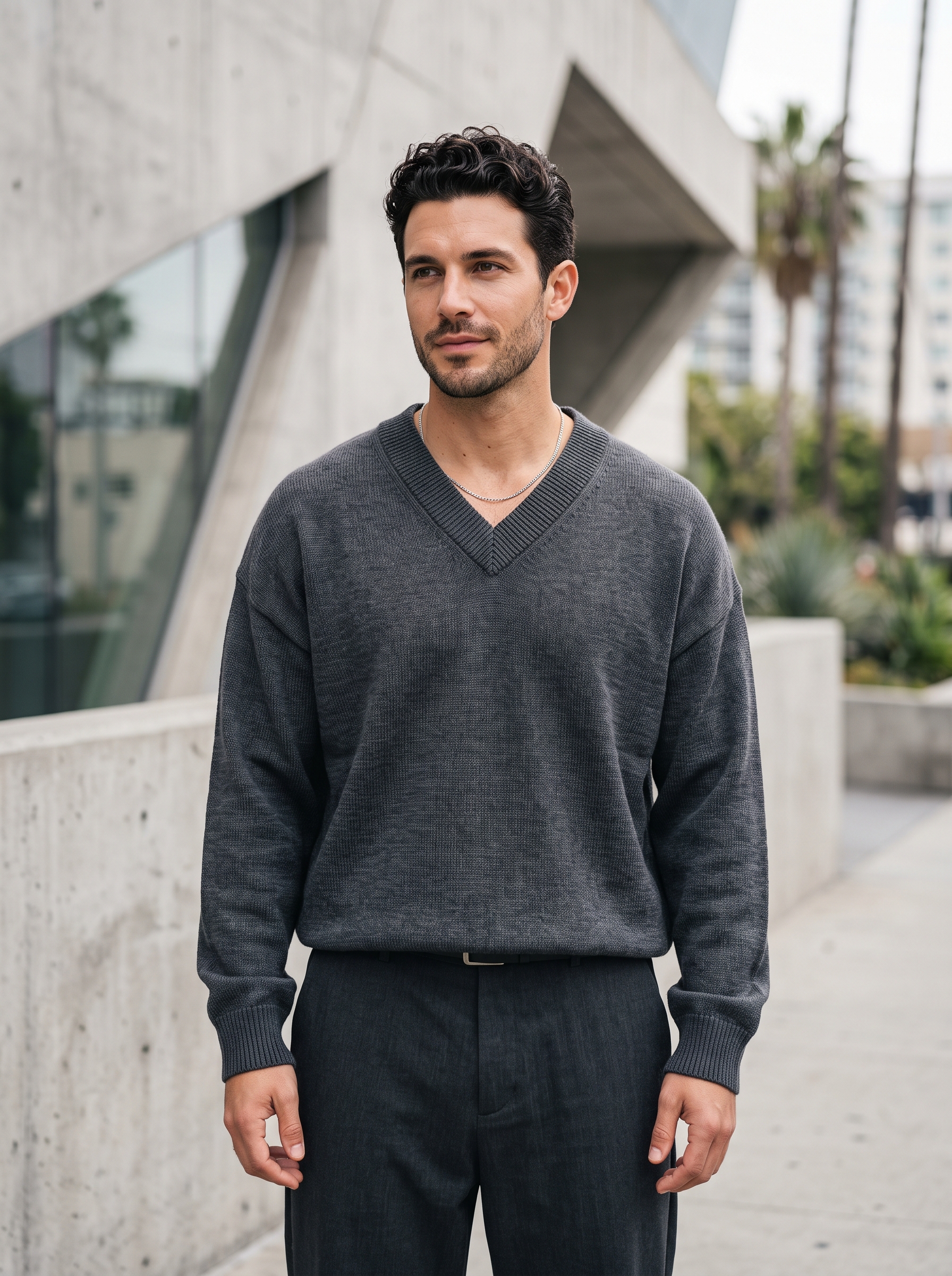 Editorial portrait of an adult male model wearing Chanyarn Men's 100% Merino Wool Sweater 2026 Fall Winter First-Line Ready to Wear V Neck Long Sleeve Seamless Knit Sweater