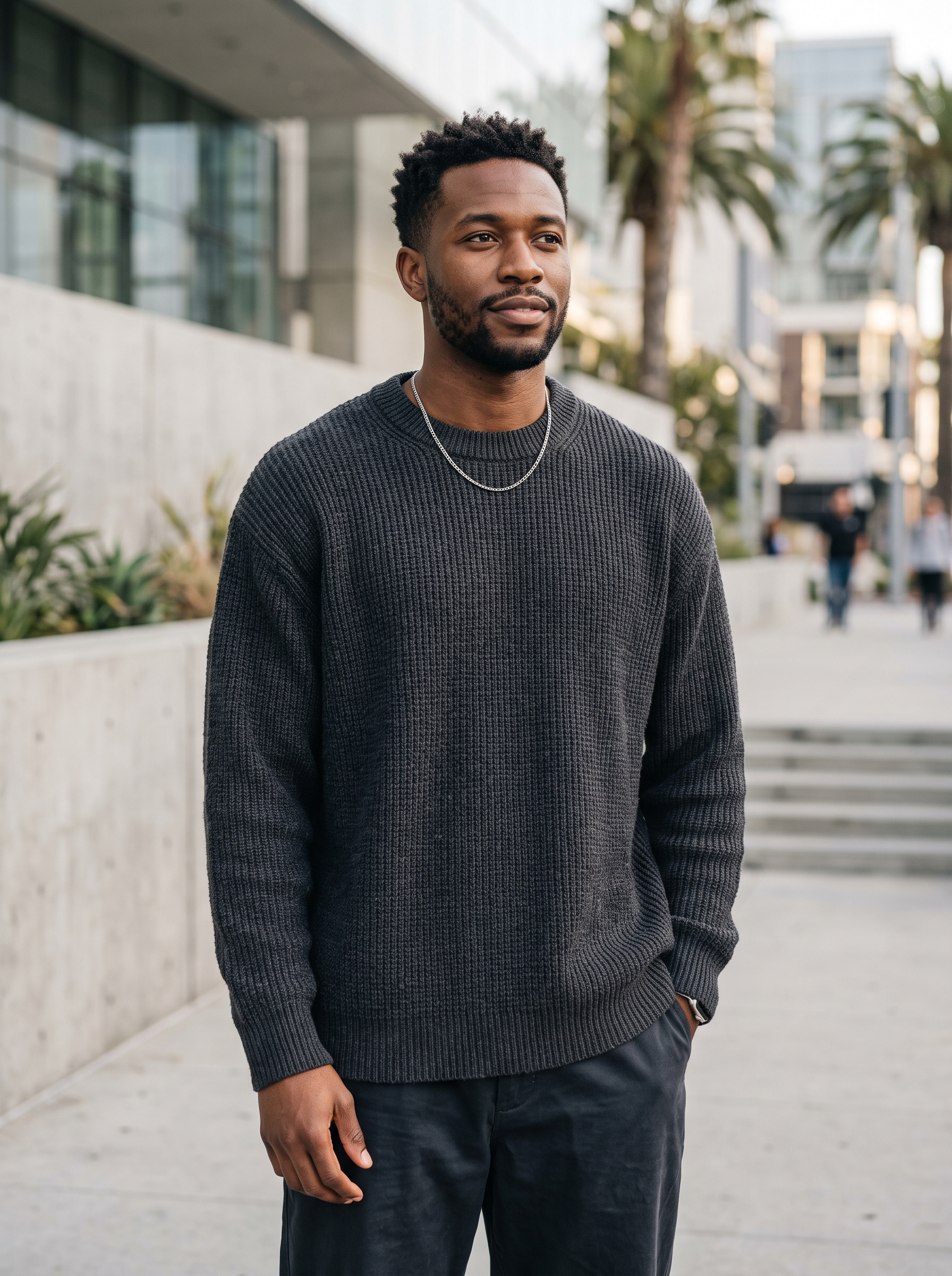 Editorial portrait of an adult male model wearing Poriff Men's Crewneck Sweater Wool Blend Knit Long Sleeve Pullover Sweaters