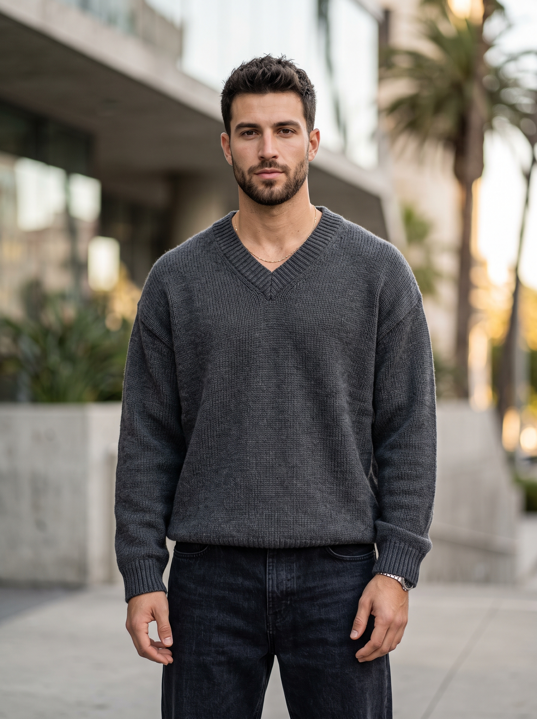 Editorial portrait of an adult male model wearing Chanyarn Men's 100% Merino Wool Sweater 2026 Fall Winter First-Line Ready to Wear V Neck Long Sleeve Seamless Knit Sweater