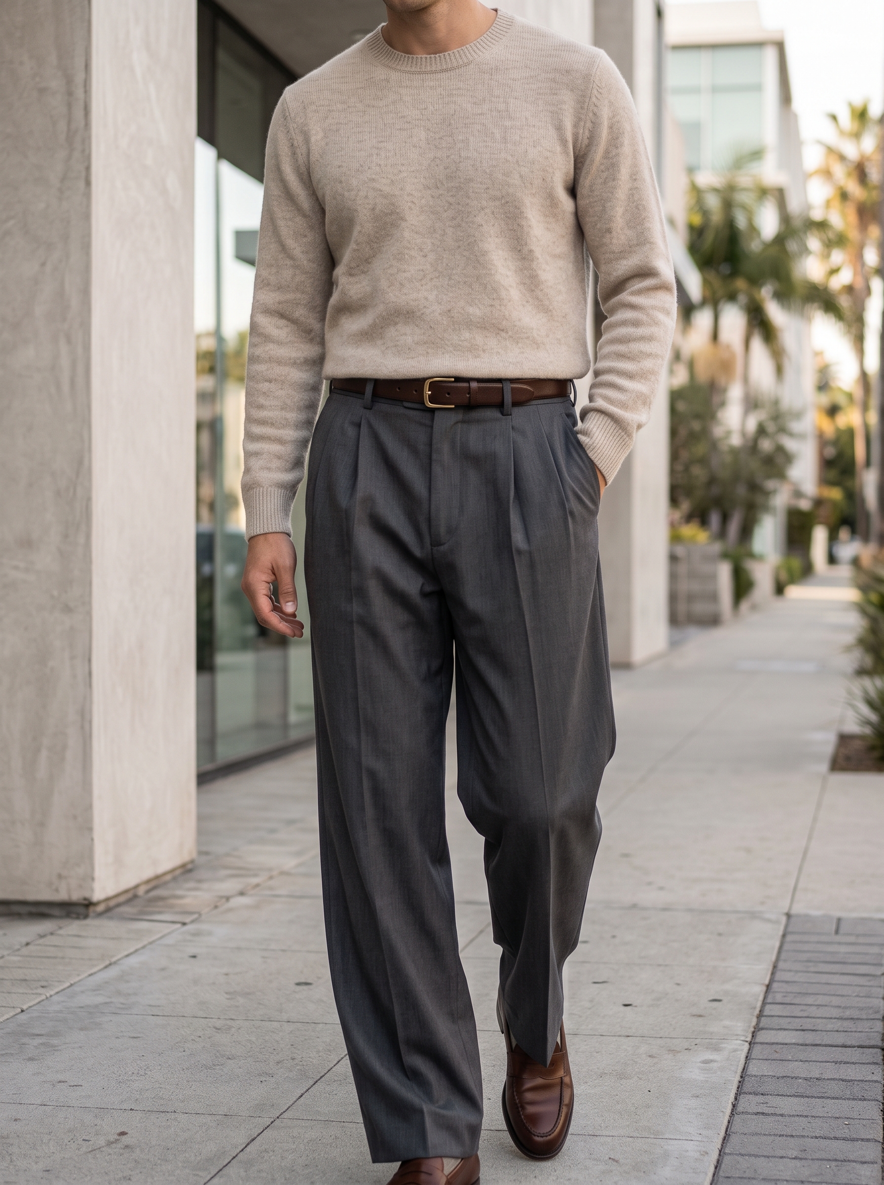 Editorial portrait of an adult male model wearing Susclude Mens Casual Dress Pants Pleated Old Money Wide Leg Baggy Pants Fall Relaxed Fit Slacks Work Trousers