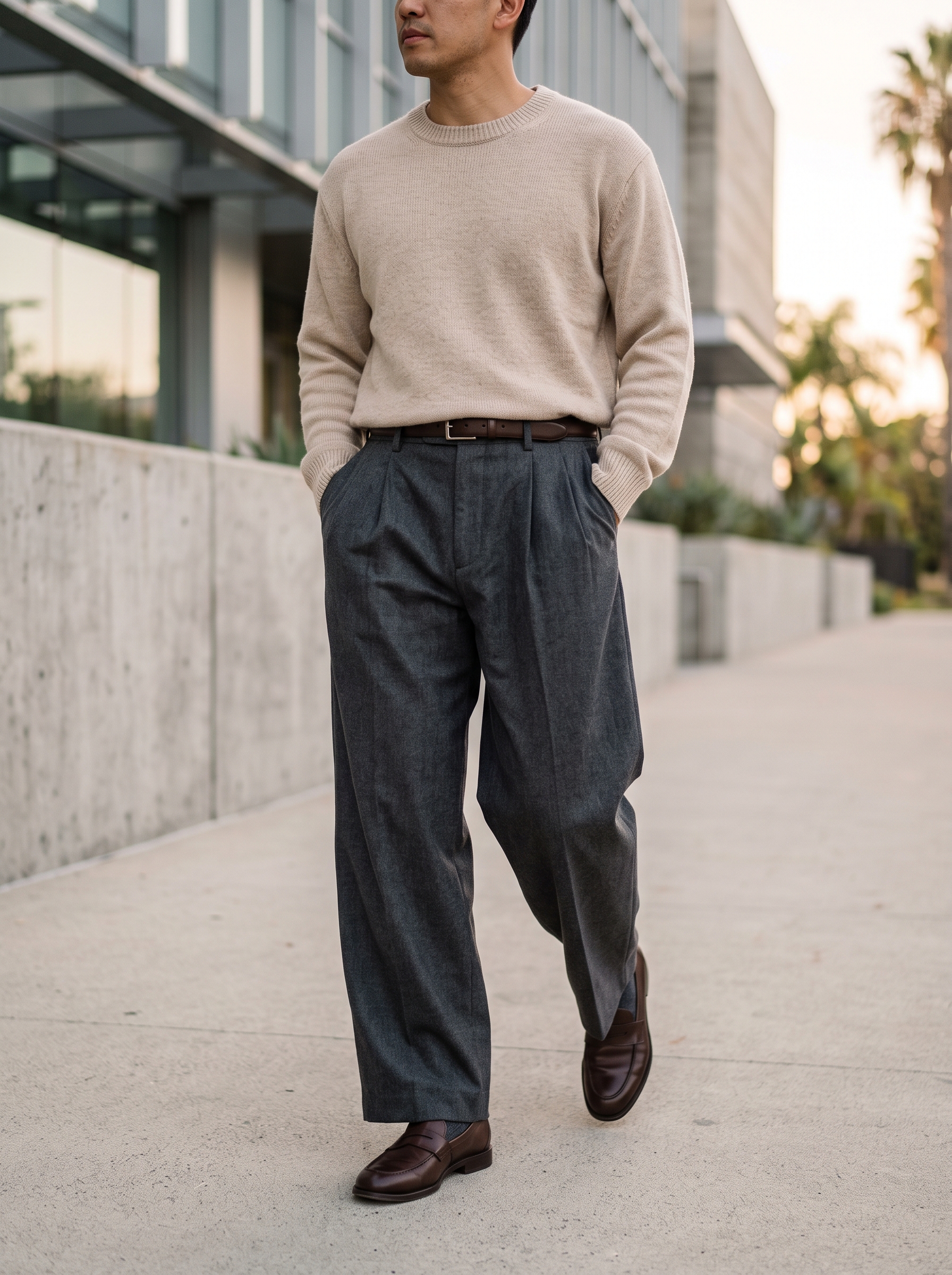 Editorial portrait of an adult male model wearing Runcati Mens Baggy Dress Pants Wide Leg Pleated Casual Slacks 30"/32"/34"