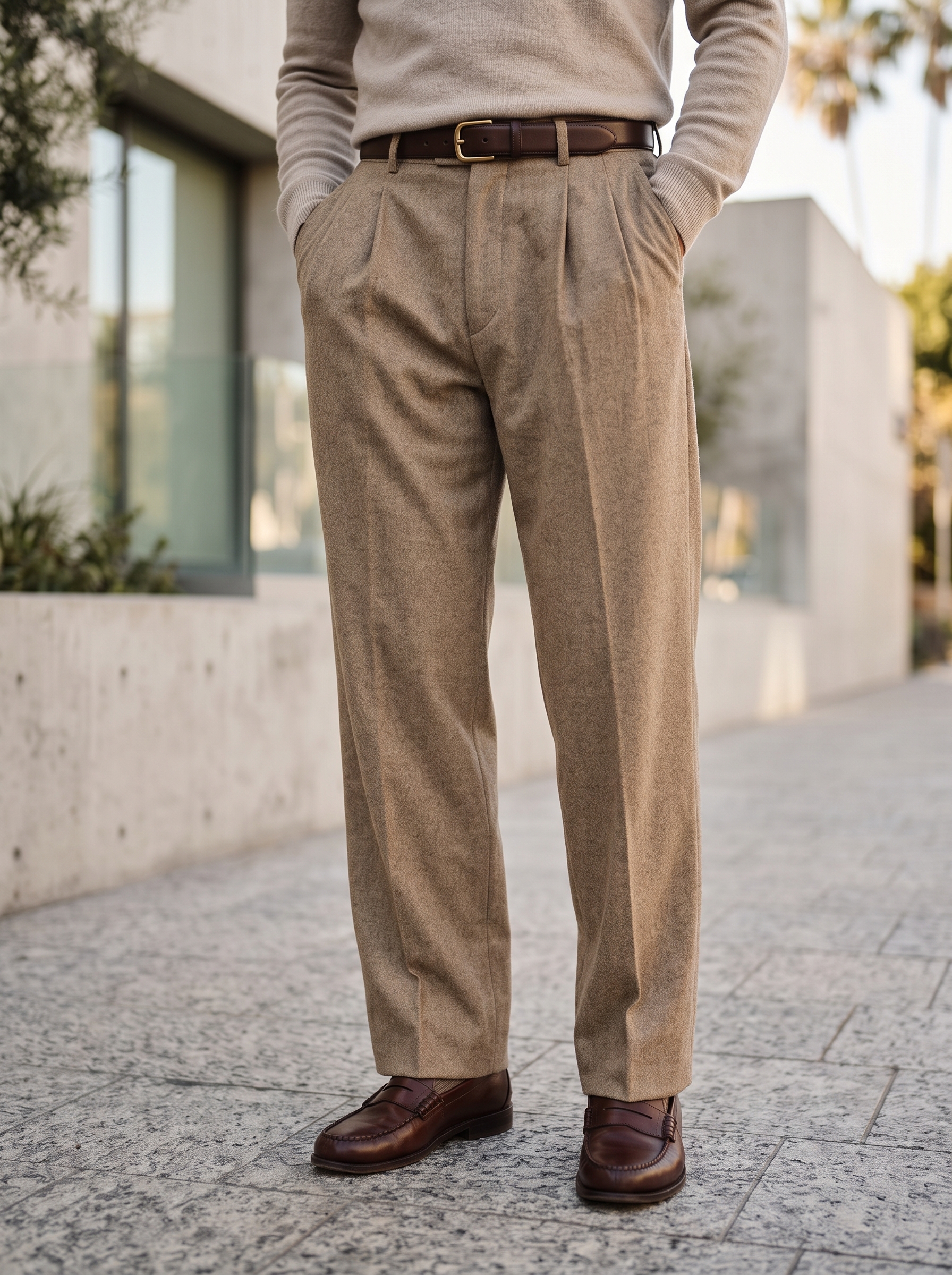 Editorial portrait of an adult male model wearing Susclude Mens Casual Dress Pants Old Money Pleated Baggy Wide Leg Vintage Relaxed Fit Slacks Work Office Trousers