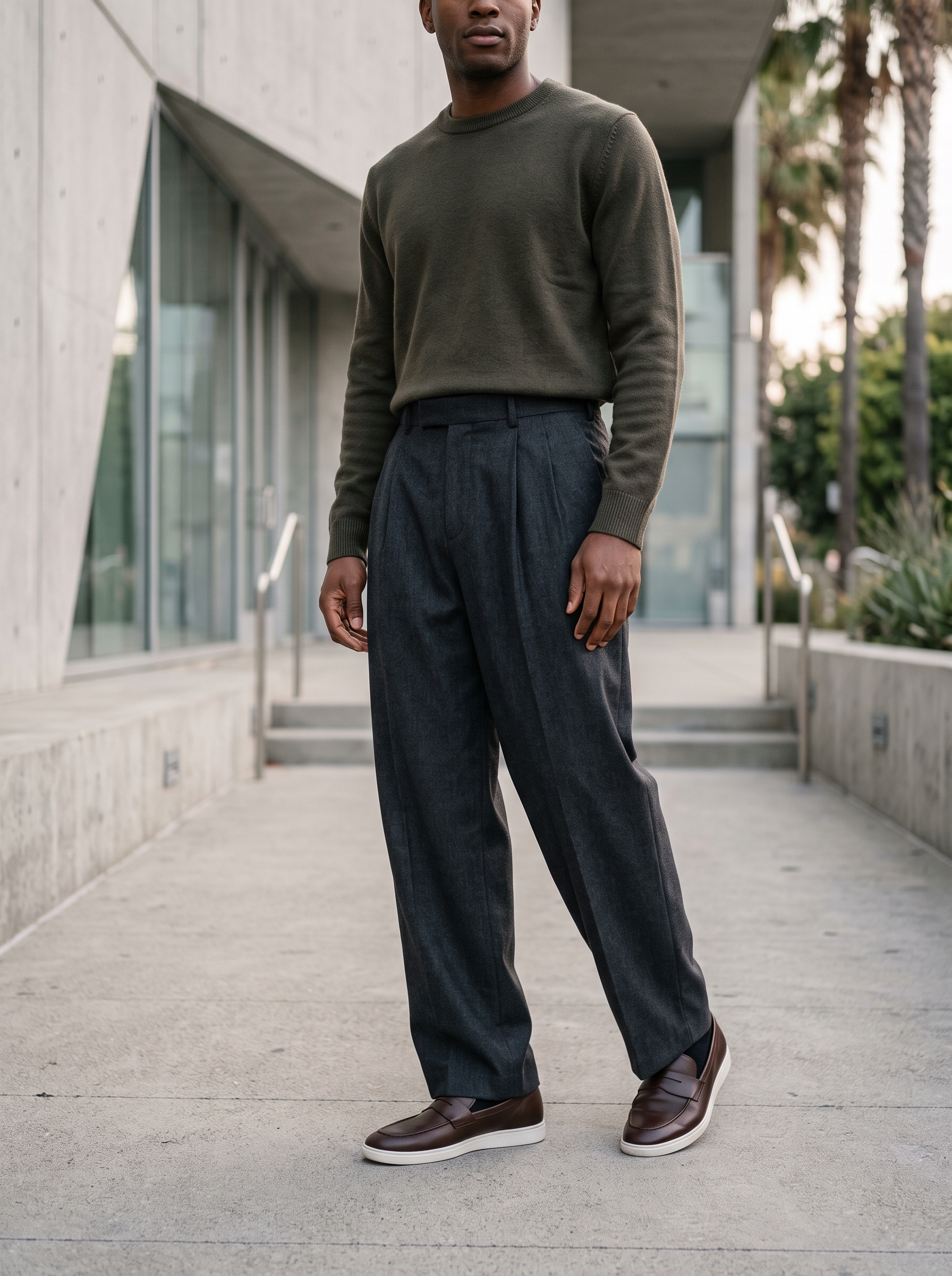 Editorial portrait of an adult male model wearing GORGLITTER Men's Pleated Wide Leg Dress Pants Baggy Work Office Bottoms