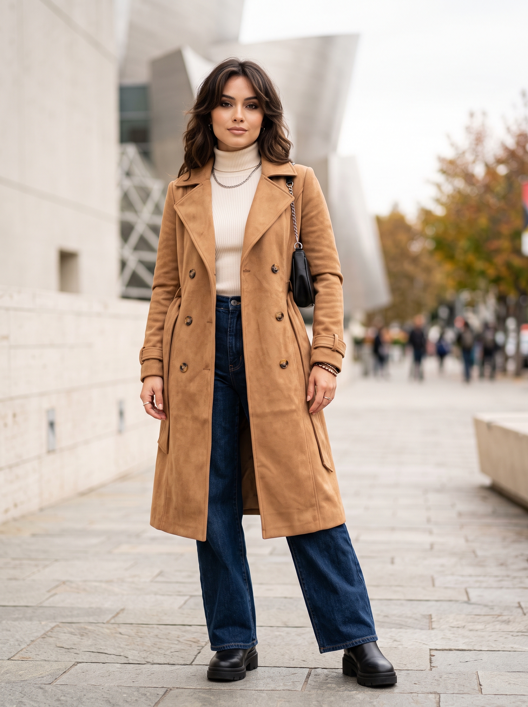 Editorial portrait of an adult female model wearing utcoco Womens Faux Suede Long Trench Coat Notched Lapel Double Breasted Pea Coat Overcoat with Belt