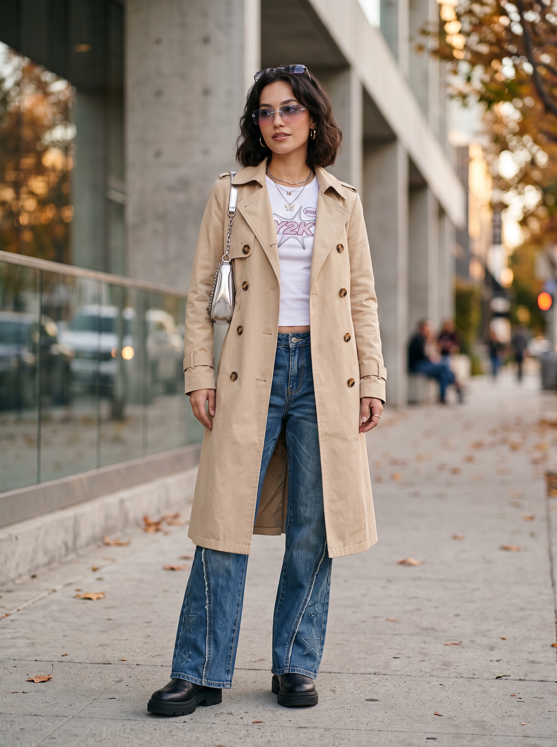 Editorial portrait of an adult female model wearing Fisoew Women's Double Breasted Long Trench Coat Windproof Classic Lapel Belted Overcoat with Pockets