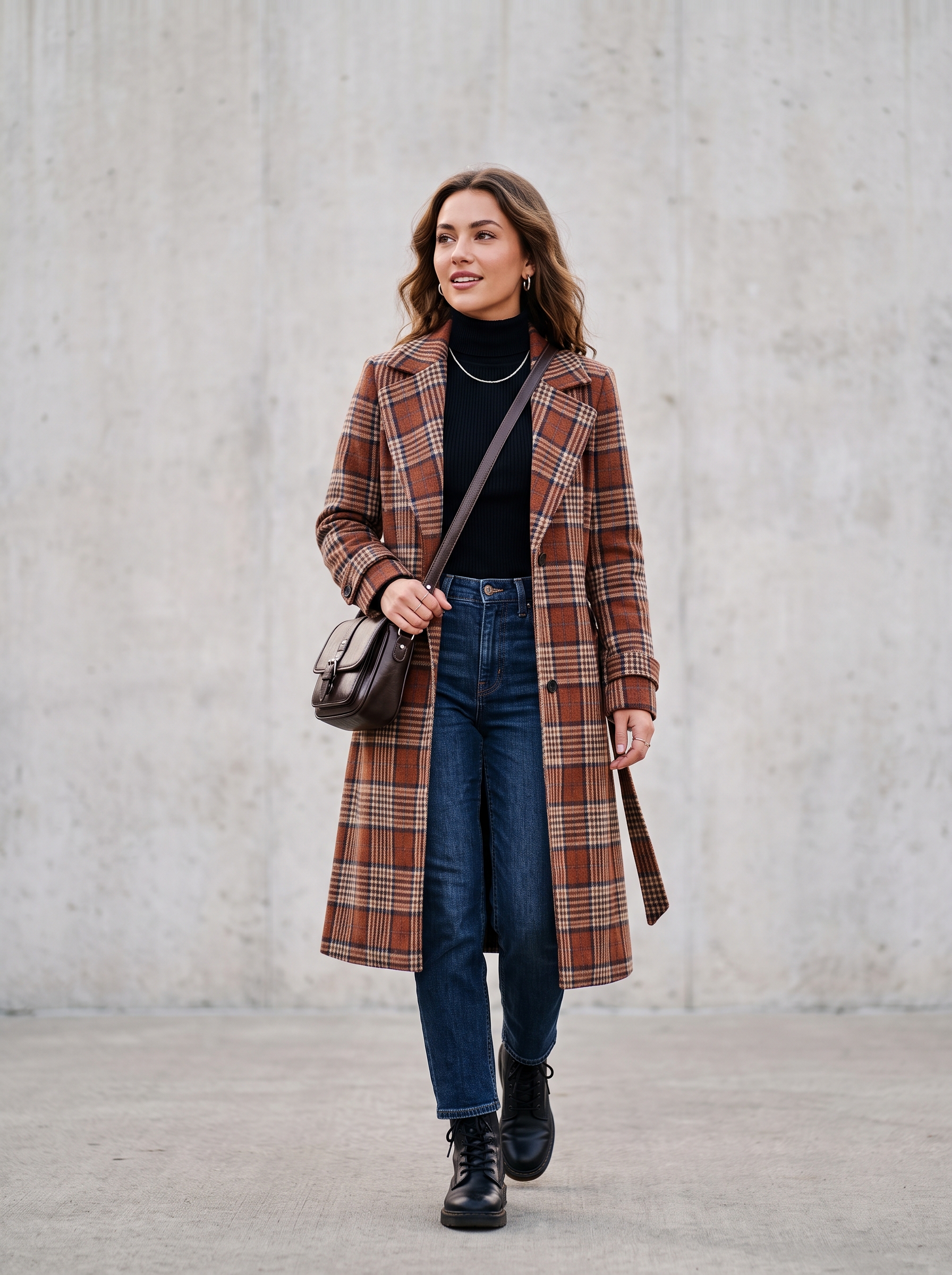 Editorial portrait of an adult female model wearing Cicy Bell Womens Plaid Trench Coat Fall Lapel Single Breasted Long Jacket
