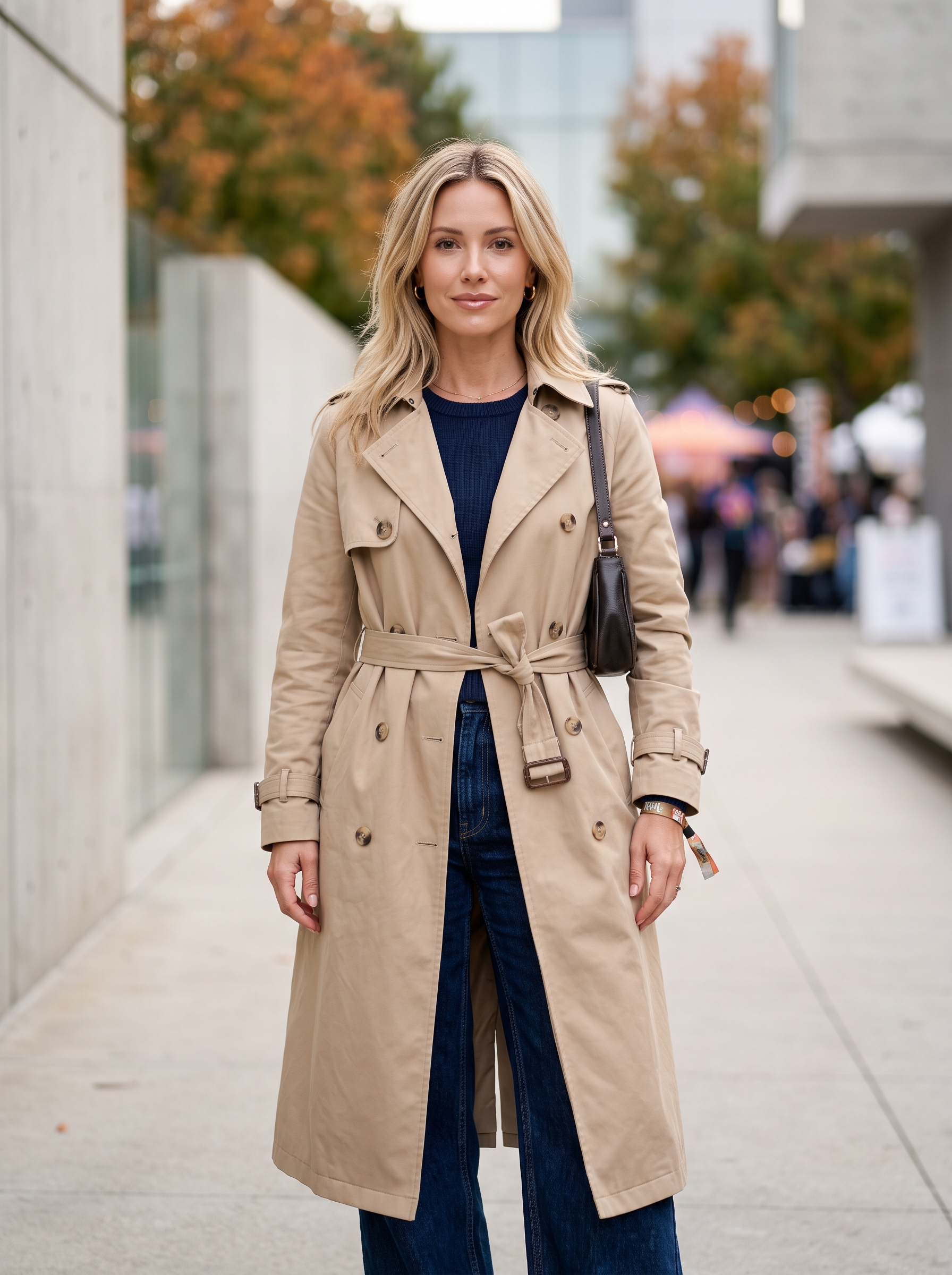 Editorial portrait of an adult female model wearing Simplee Womens Trench Coat Double-Breasted Long Dressy Windbreaker Overcoat Fall Winter Outerwear