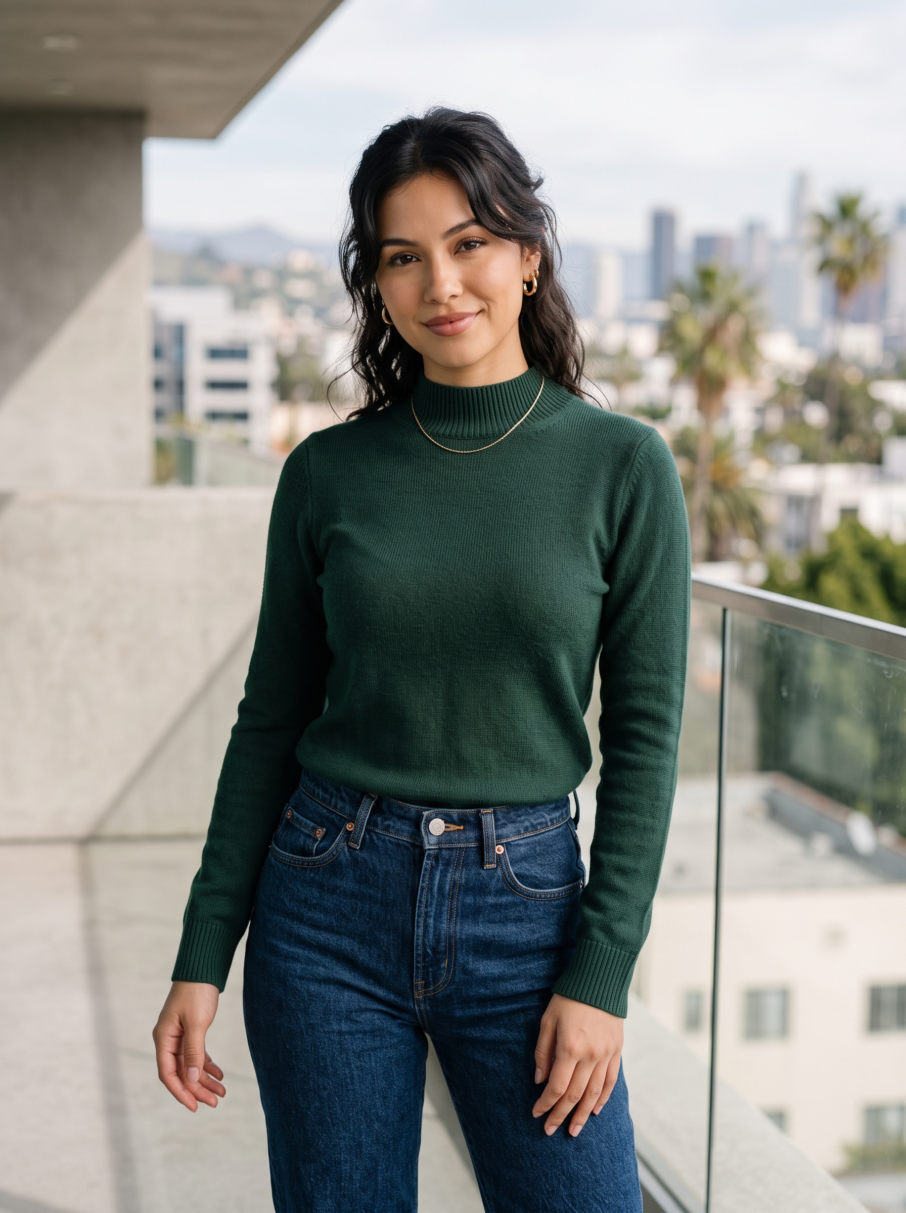 Editorial portrait of an adult female model wearing Chanyarn Women's 100% Merino Wool Seamless Sweater Mock Neck First-Line Ready to Wear Long Sleeve Knitted Pullover Tops