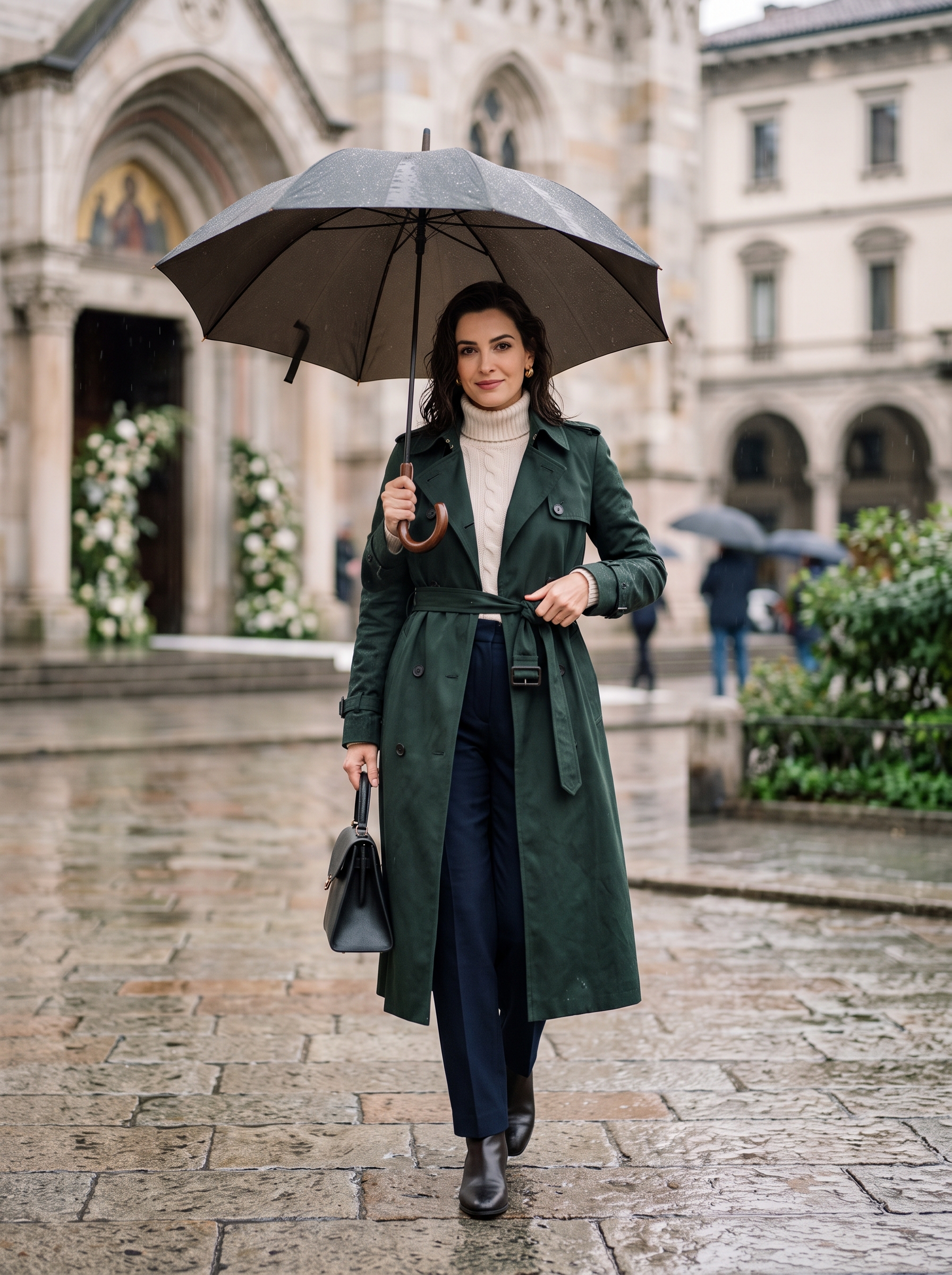Editorial portrait of an adult female model wearing Women's Double Breasted Long Trench Coat Lapel Overcoat with Belt
