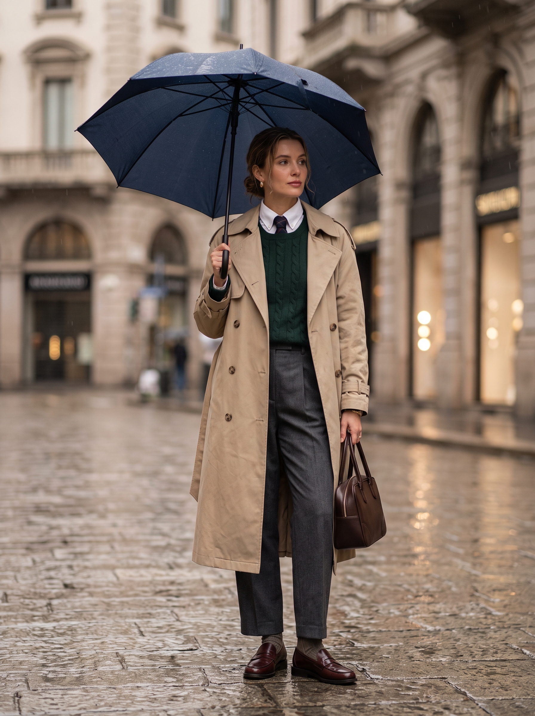 Editorial portrait of an adult female model wearing Farktop Womens Oversized Long Trench Coat Double Breasted Lapel Windproof