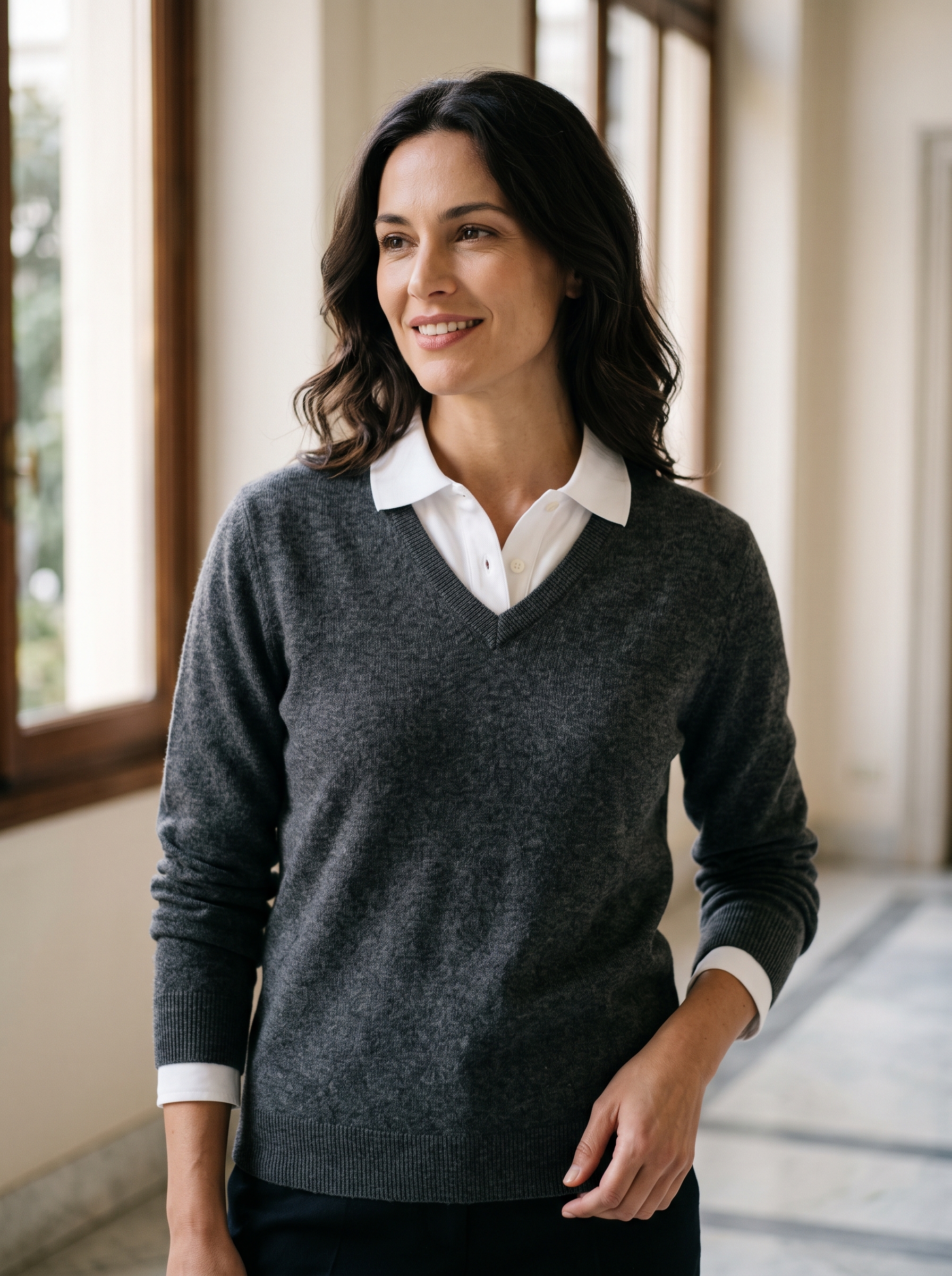 Editorial portrait of an adult female model wearing Kate Kasin Women Wool Blend V Neck Sweater, Long Sleeve Polo Shirt Collared