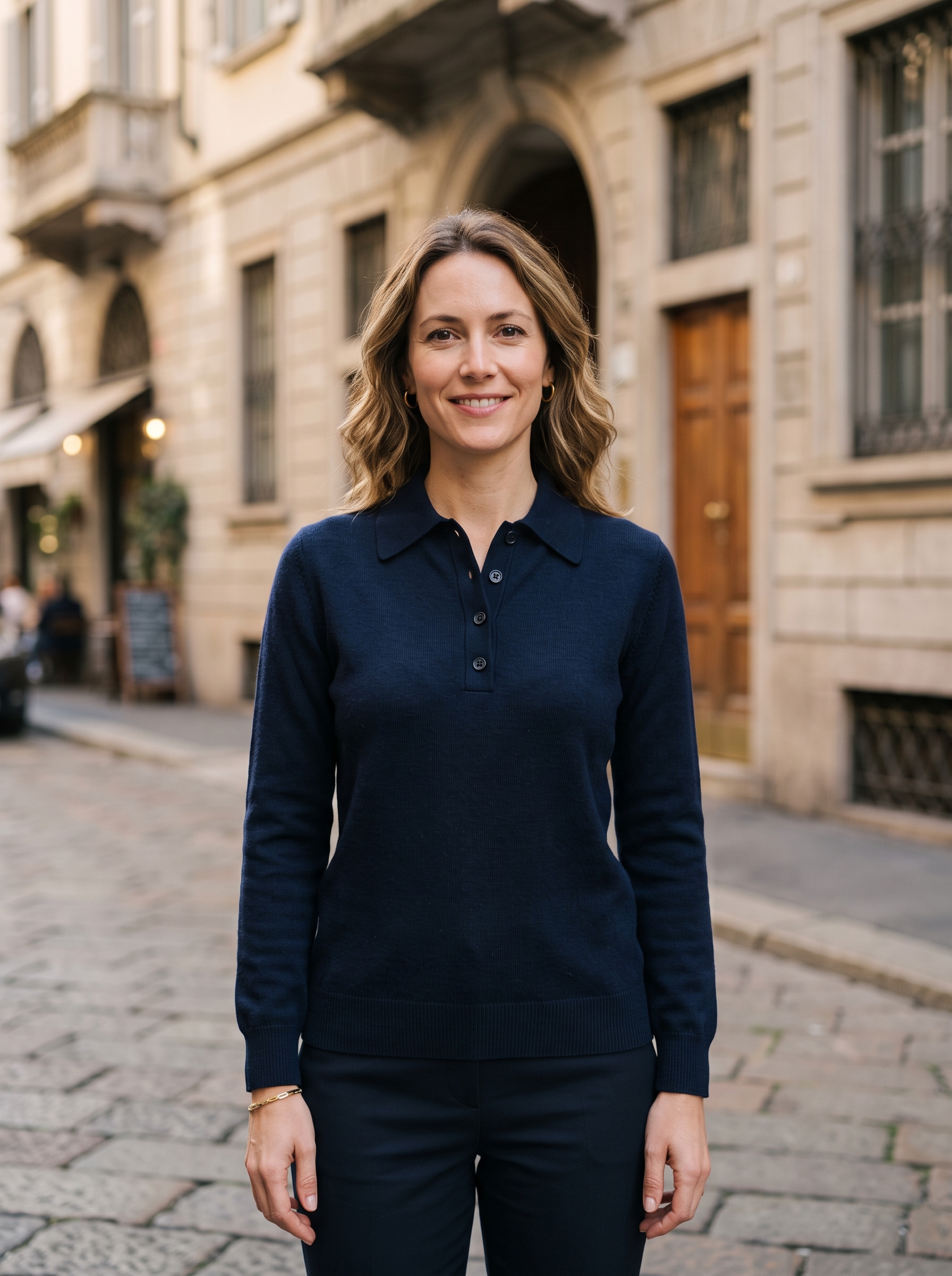 Editorial portrait of an adult female model wearing 100% Merino Wool Polo Sweater for Women, Long Sleeve Pullover Top
