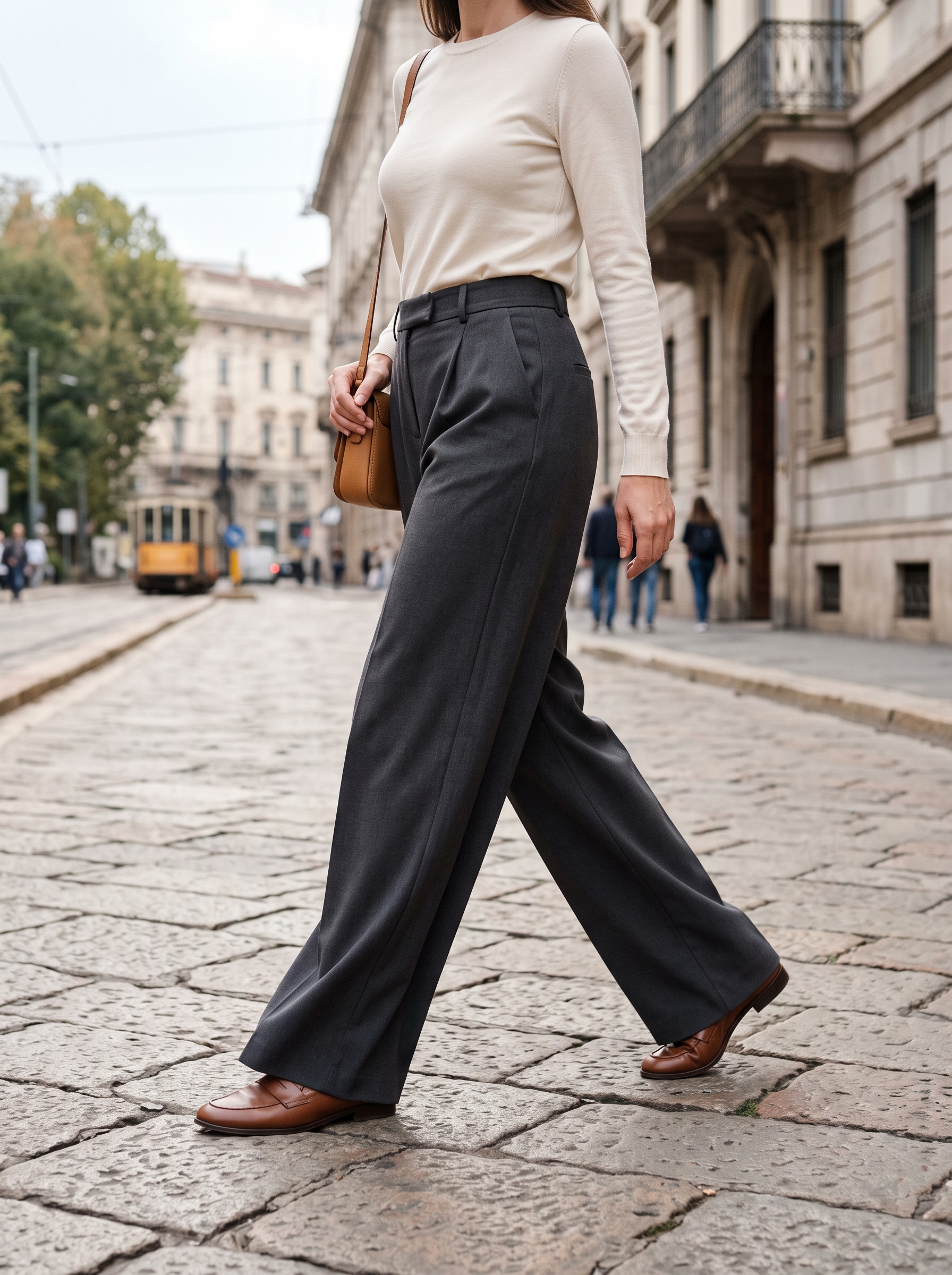 Editorial portrait of an adult female model wearing Ophestin Women's Wide Leg Dress Pants High Waisted Office Work Trousers