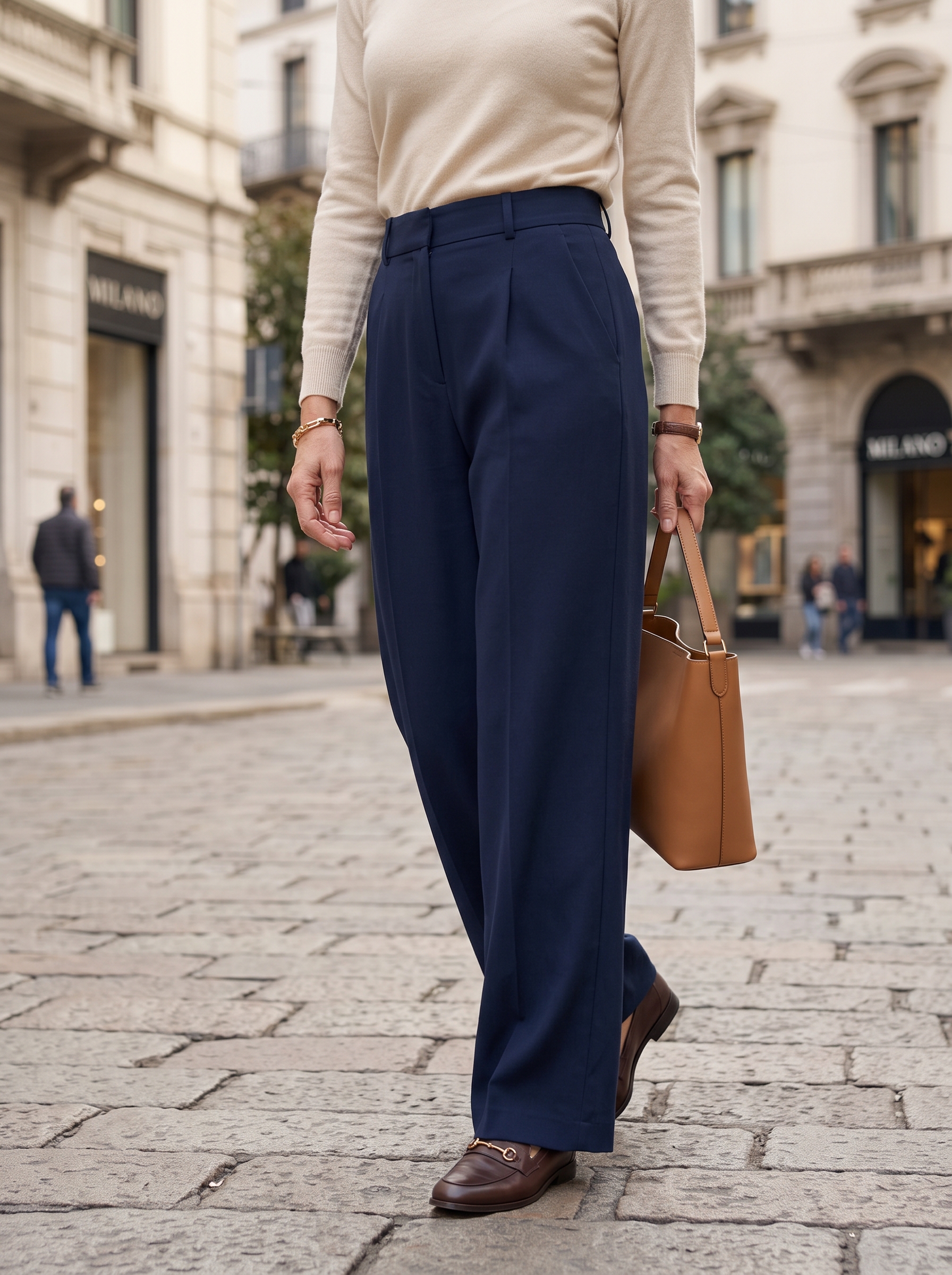 Editorial portrait of an adult female model wearing NIMIN Women Wide Leg Work Pants High Waisted Dress Trousers with Pockets