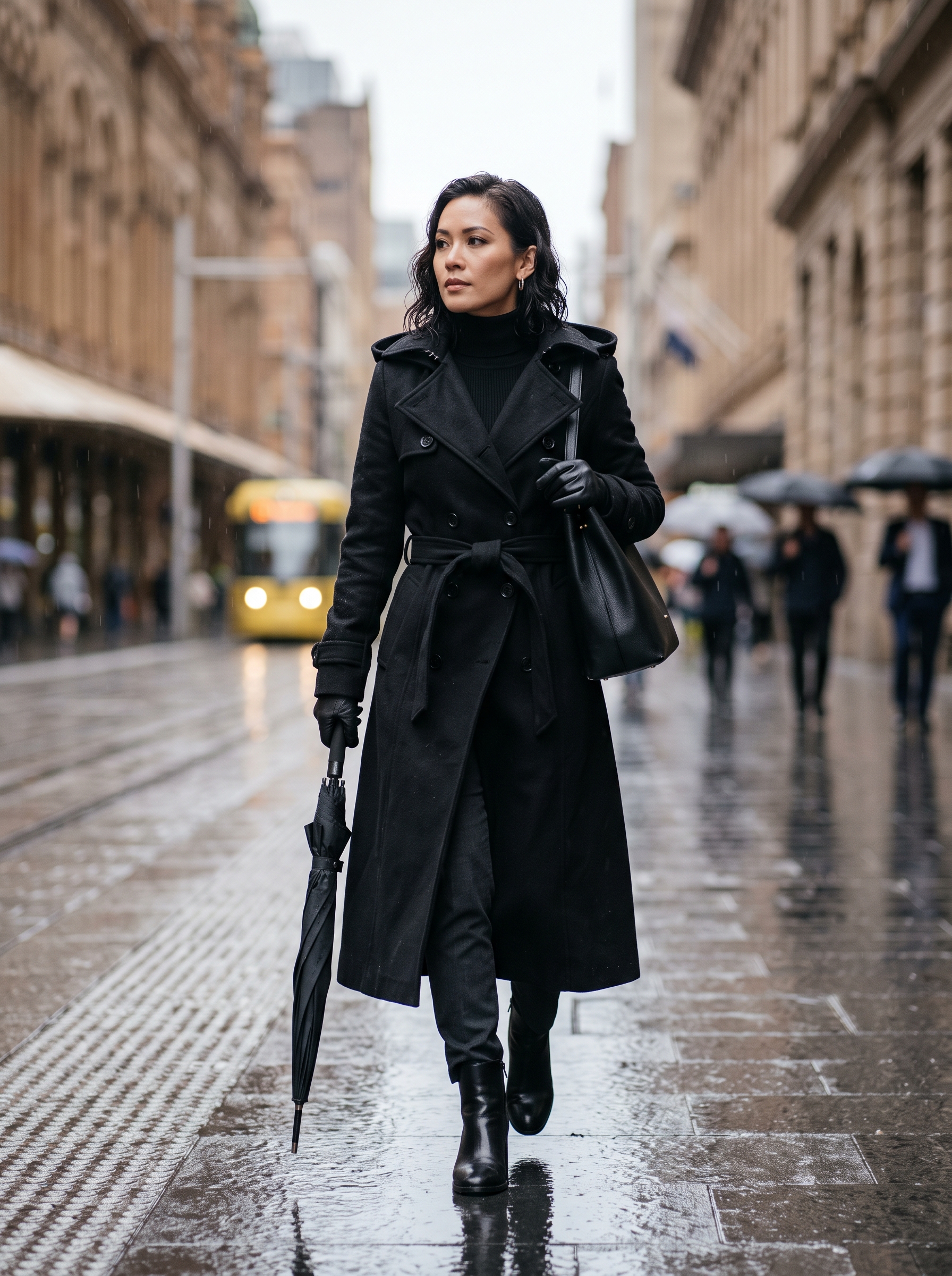 Editorial portrait of an adult model wearing QZUnique Long Trench Pea Coat for Women - Winter Trench Coat Goth Lapel Peacoat Outwear Thick Hood Pea Jacket Trenchcoat