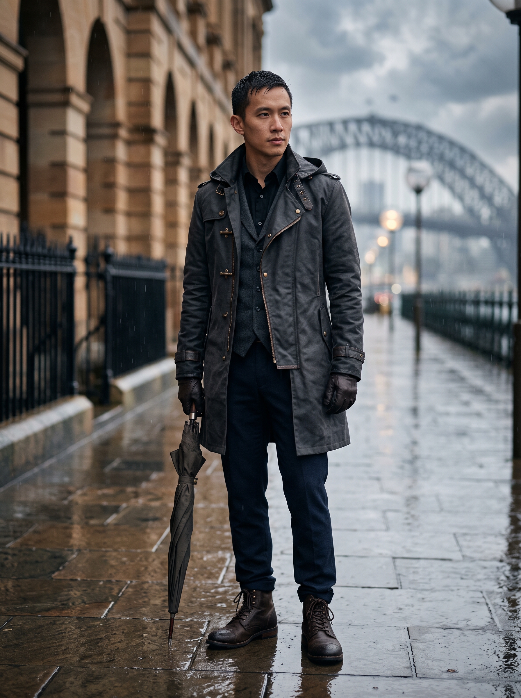 Editorial portrait of an adult model wearing Men's Steampunk Medieval Hooded Long Coat Gothic Trench Jacket