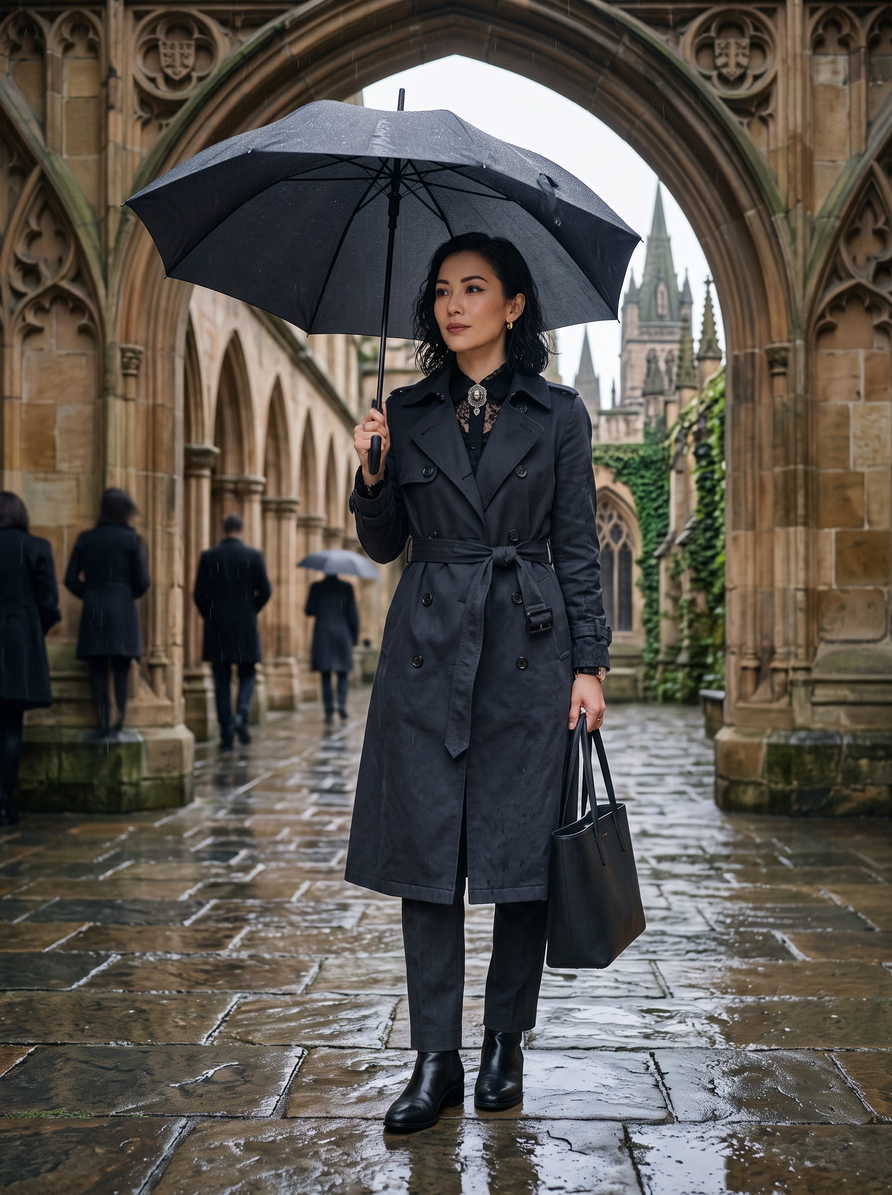 Editorial portrait of an adult model wearing SOMTHRON Women's Double Breasted Long Trench Coat Belted Notch Lapel Overcoat Windproof Classic Outerwear