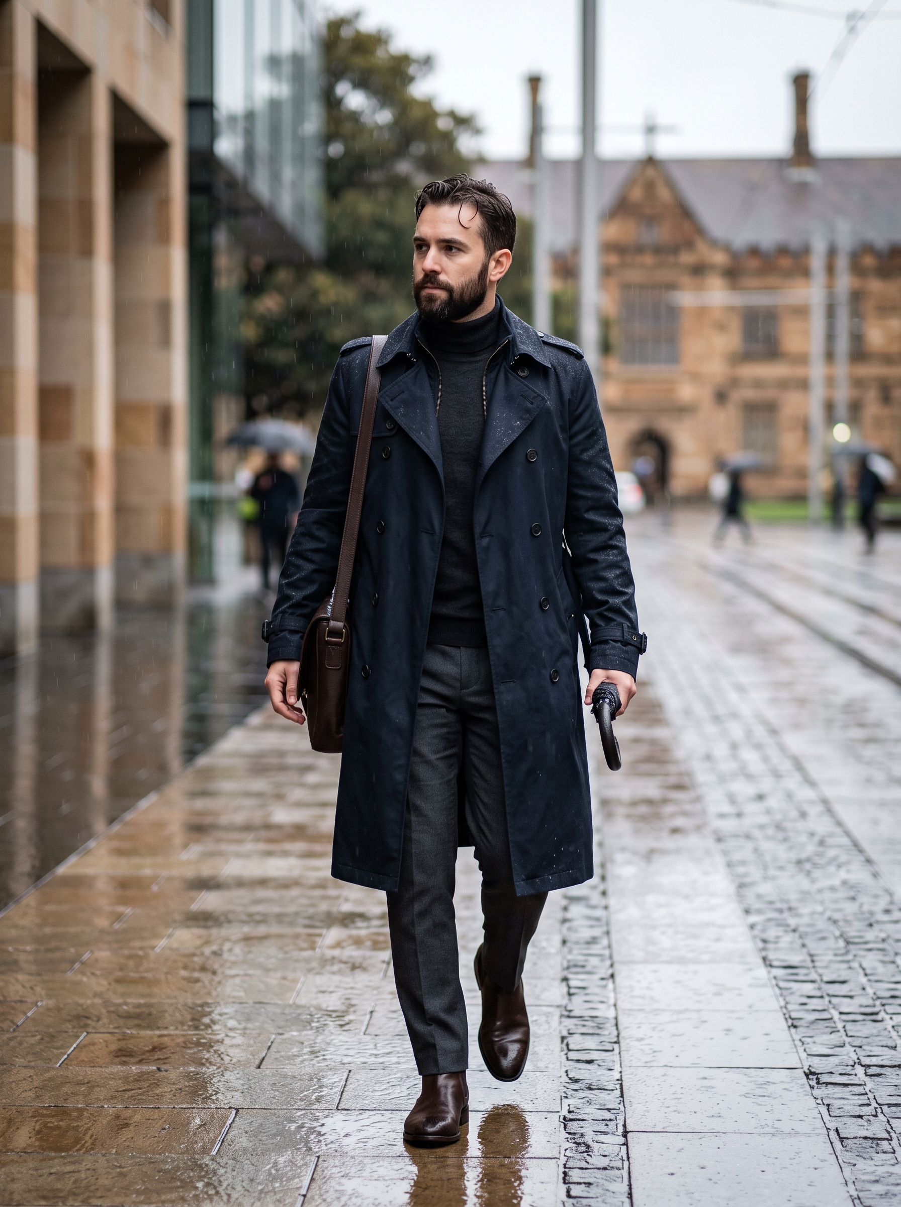 Editorial portrait of an adult model wearing London Fog Men's Raleigh Double Breasted Long Trench Coat with Zip Out Liner