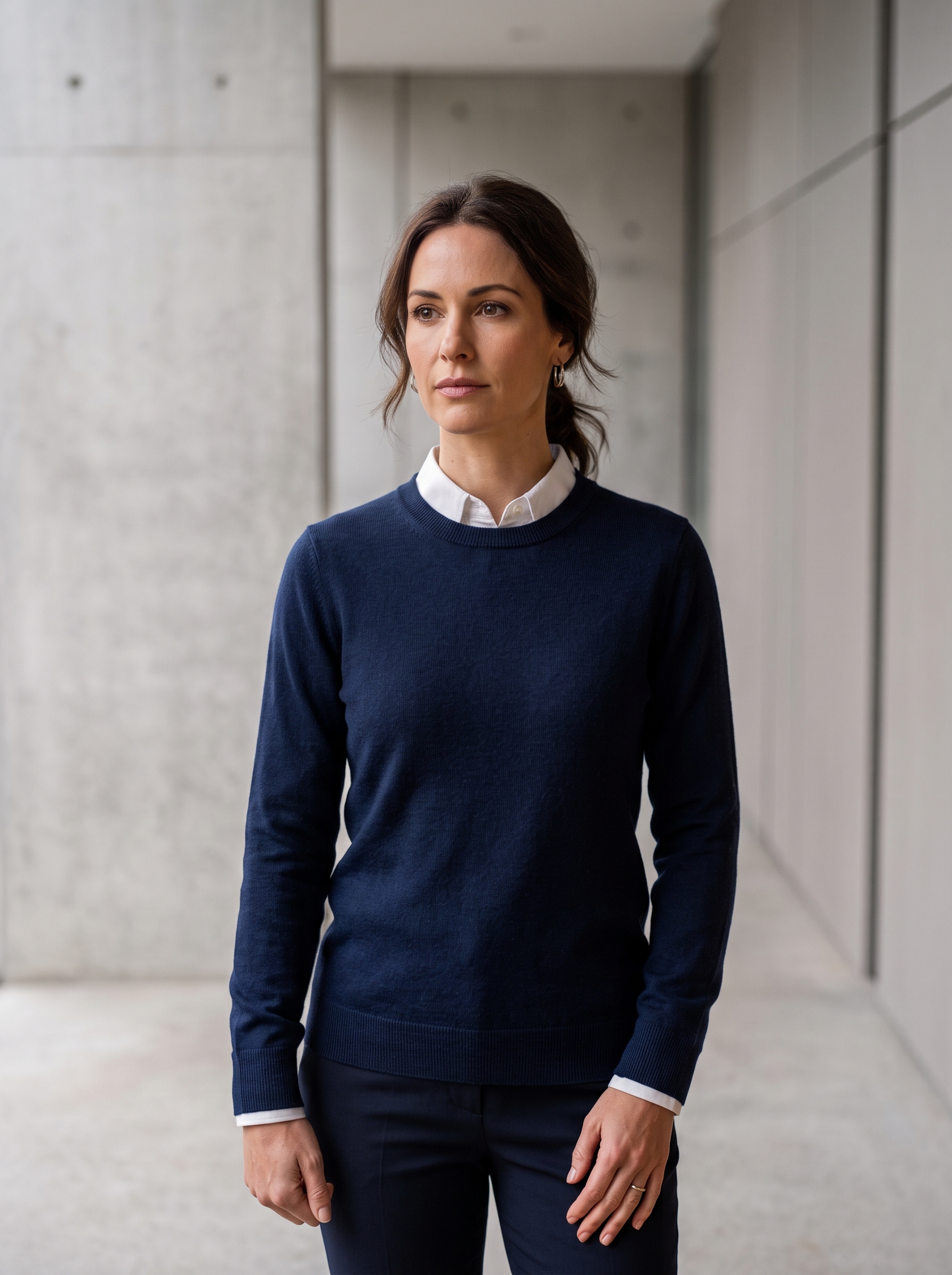 Editorial portrait of an adult model wearing Brooks Brothers Men's Merino Wool Crewneck Long Sleeve Sweater