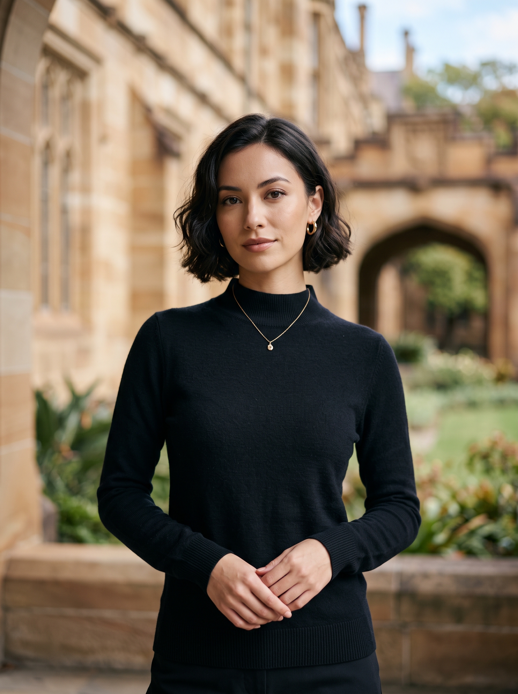 Editorial portrait of an adult model wearing Chanyarn Women's 100% Merino Wool Seamless Sweater Mock Neck First-Line Ready to Wear Long Sleeve Knitted Pullover Tops