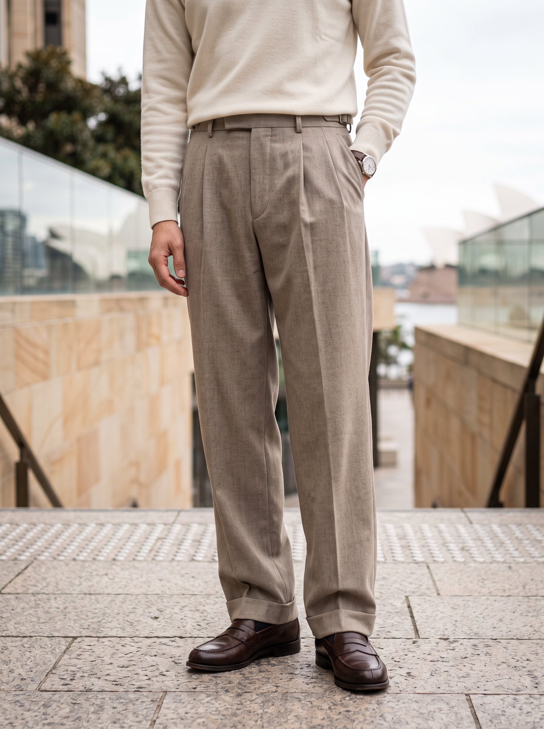 Editorial portrait of an adult model wearing Aelfric Eden Wide Leg Dress Pants Mens Womens Baggy Pleated Trousers Vintage Button Front High Waisted Y2K Streetwear Pants