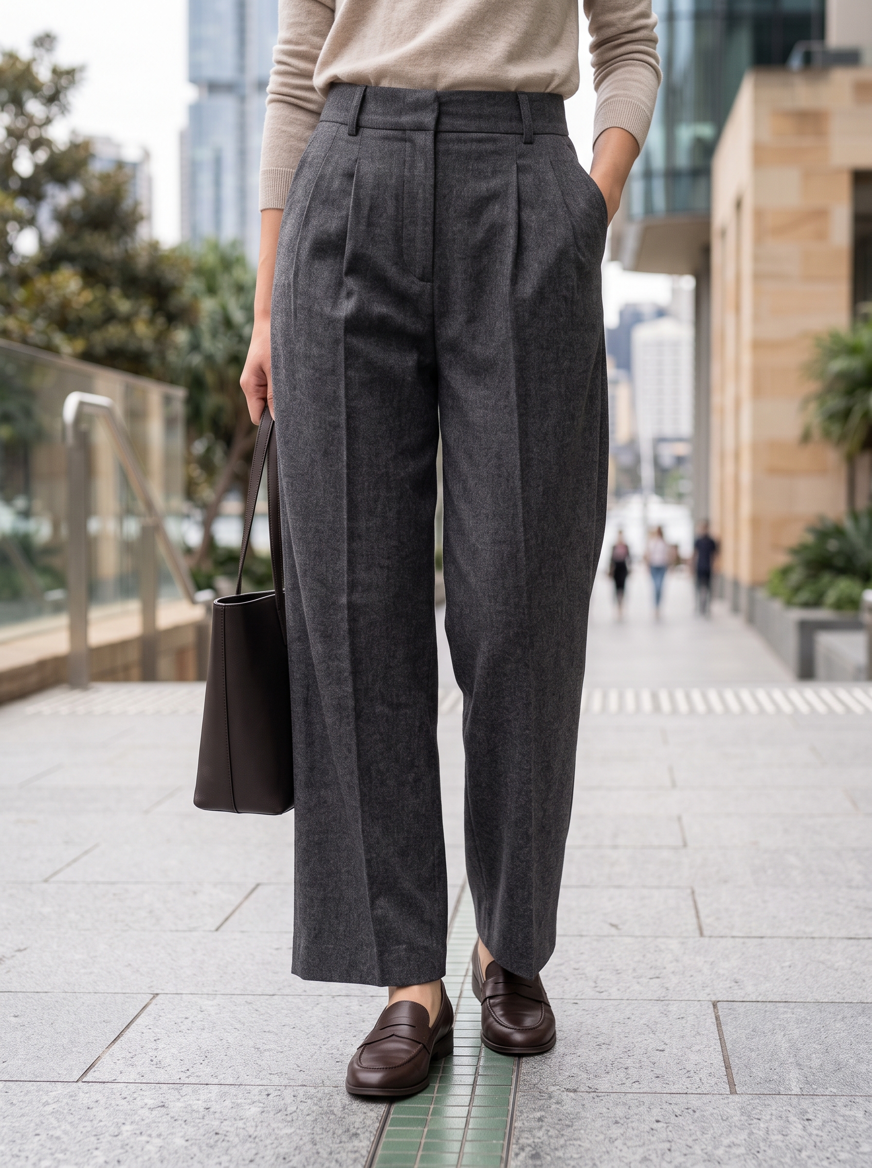 Editorial portrait of an adult model wearing Womens High Waisted Wide Leg Pants Pleated Tailored Trousers with Pockets Business Casual Dress Pants