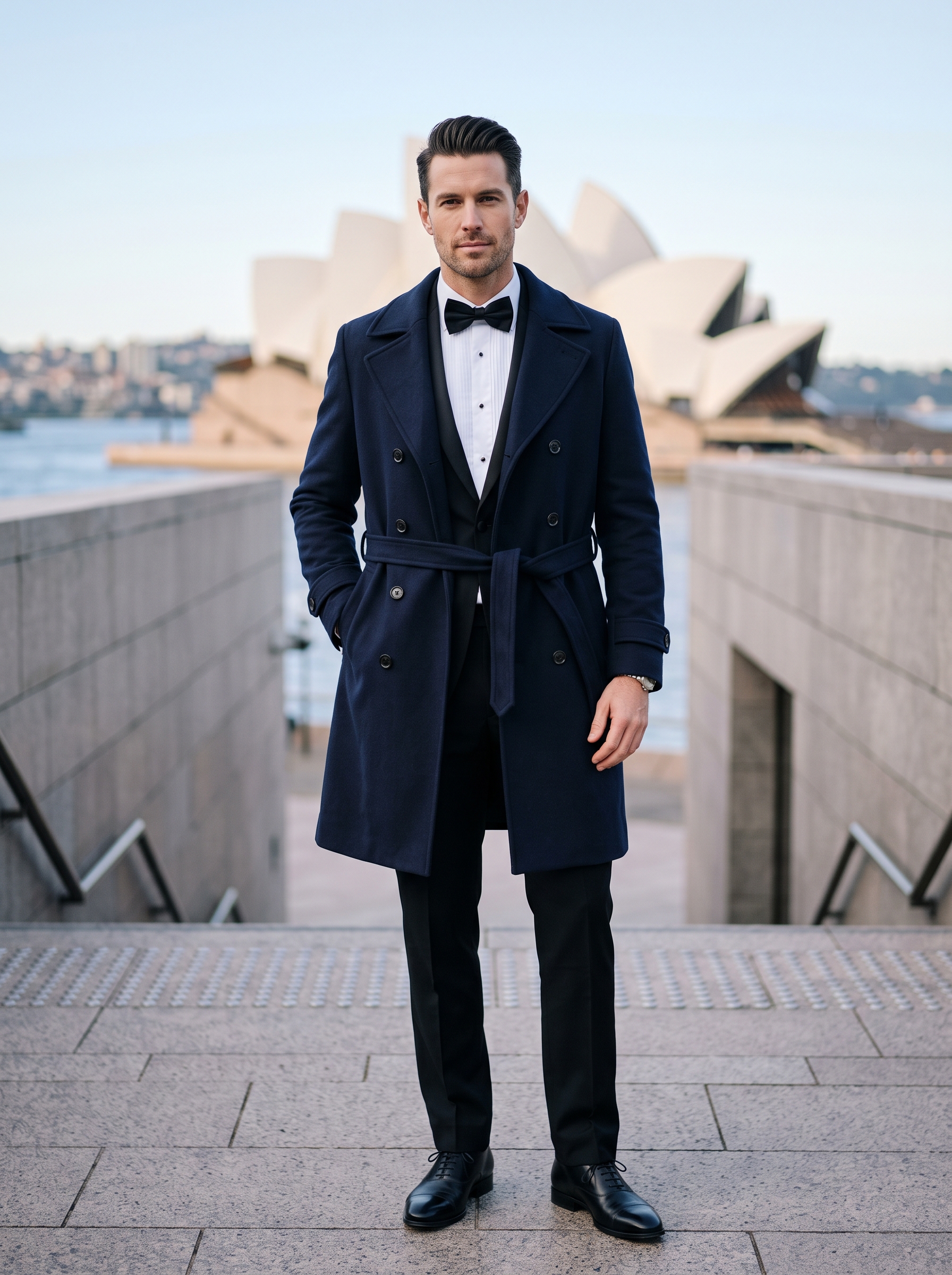 Editorial portrait of an adult male model wearing Runcati Mens Trench Coat Double Breasted Notch Lapel Casual Long Overcoat