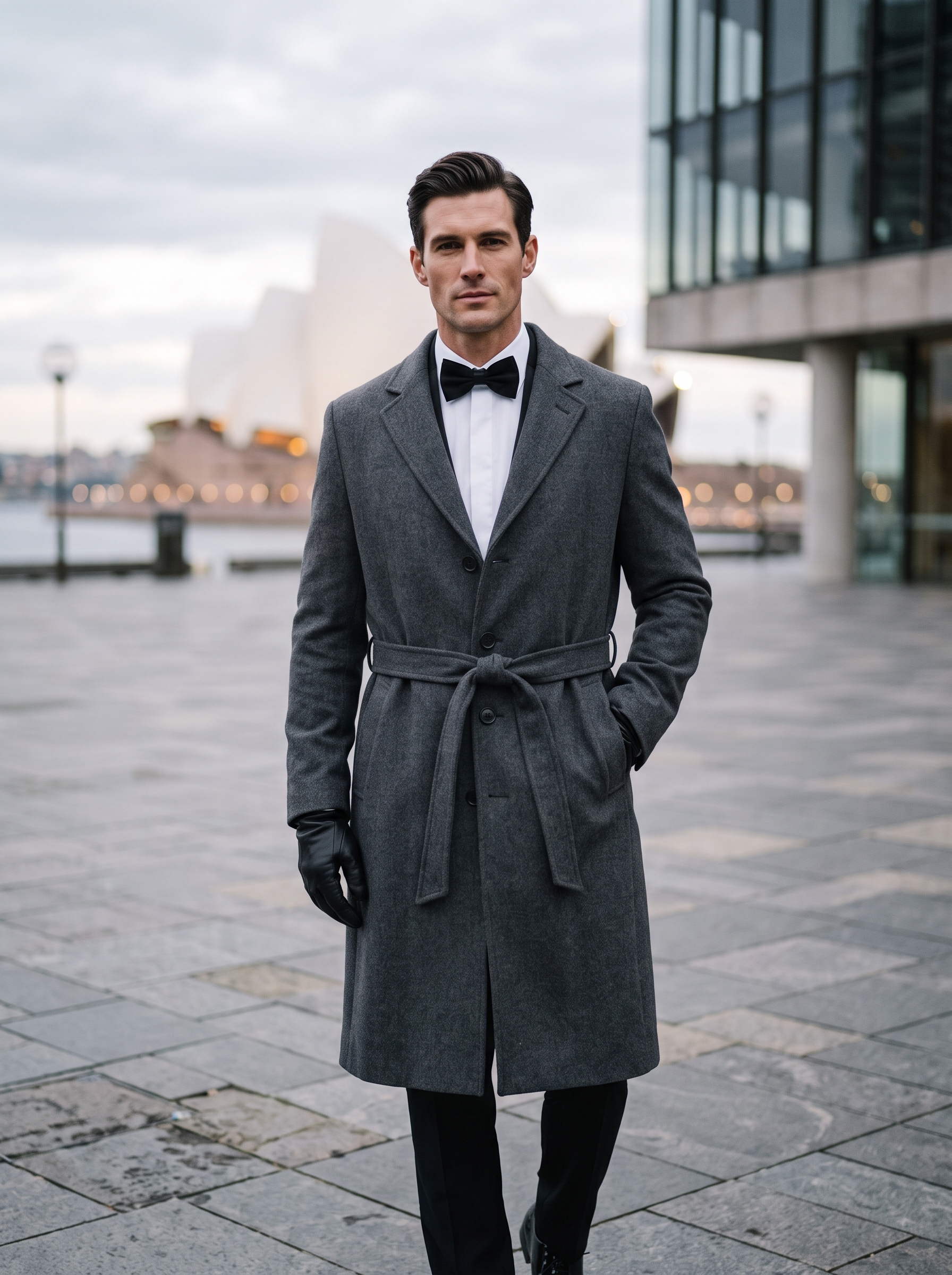 Editorial portrait of an adult male model wearing Runcati Mens Trench Coat Single Breasted Notch Lapel Belted Long Overcoat