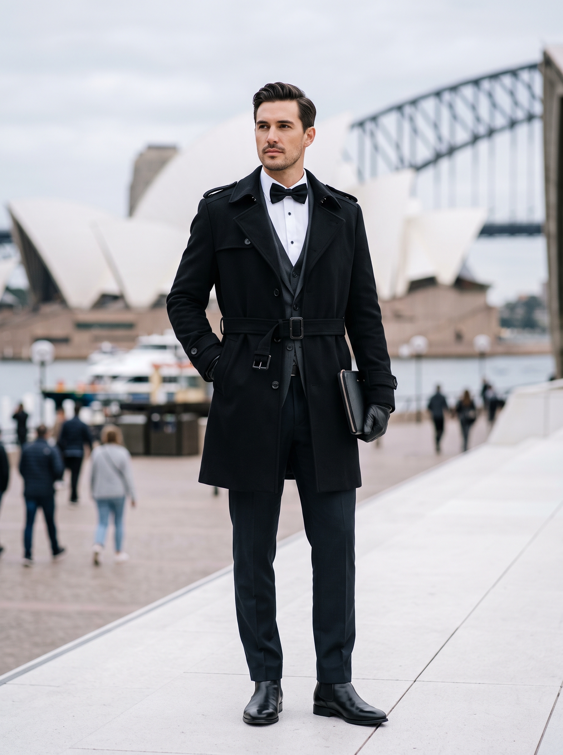 Editorial portrait of an adult male model wearing Gafeng Men's Trench Coat Belted Windbreaker Long Jacket Windproof Overcoat