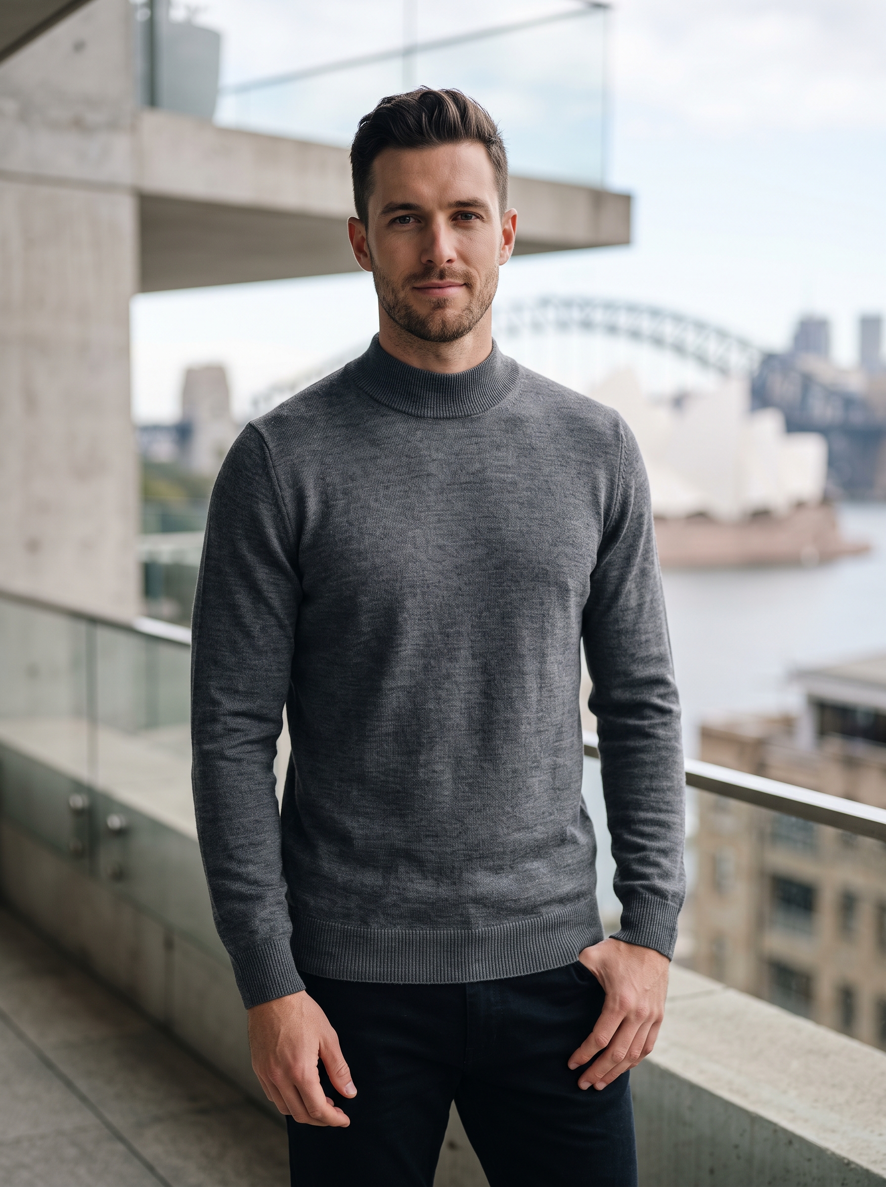 Editorial portrait of an adult male model wearing Chanyarn Men's 100% Merino Wool Sweater 2026 Fall Winter First-Line Ready to Wear Mock Neck Long Sleeve Seamless Knit Sweater